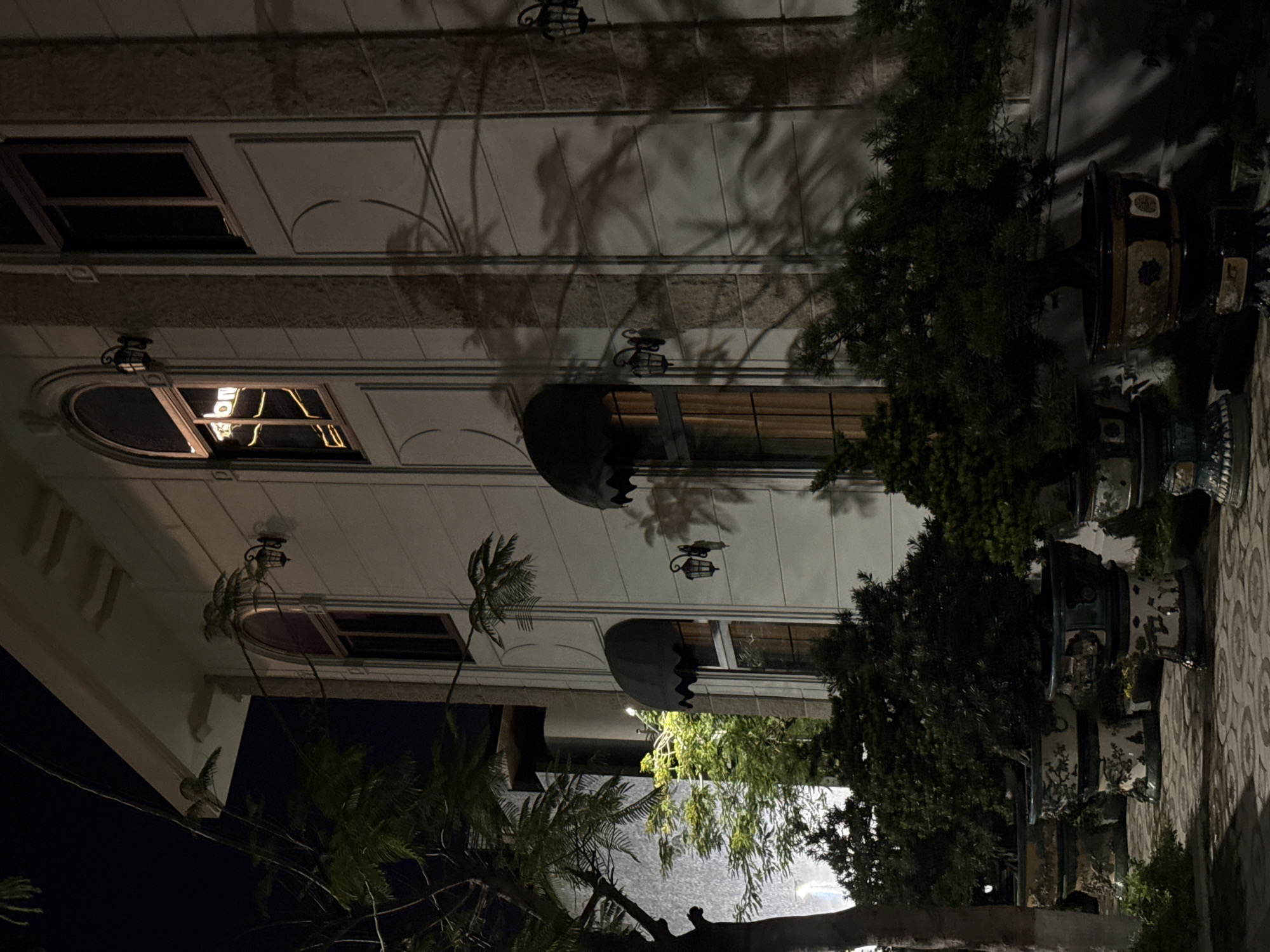 The image shows a building exterior at night, likely in a city given the presence of lights and decorative elements. The building has a light-colored facade with architectural details, including arched windows and decorative moldings. Several windows are visible, some dark and others illuminated from within, casting a warm glow. There are decorative lamps mounted on the building's exterior, and shadows of palm trees are projected onto the wall, suggesting a tropical or warm climate.
In the foreground and along the side of the building, there are several large decorative pots, some containing plants, contributing to a lush and slightly exotic atmosphere. The ground is paved with patterned tiles. The overall scene evokes a sense of a pleasant evening, perhaps an outdoor seating area of a restaurant or a residential building with an attractive facade. The lighting and shadows create a dramatic effect, typical of nighttime photography. There is no clear indication of specific activity or people, making it a static scene focused on the architecture and its surroundings. The time of day is clearly night, and the weather appears calm.
