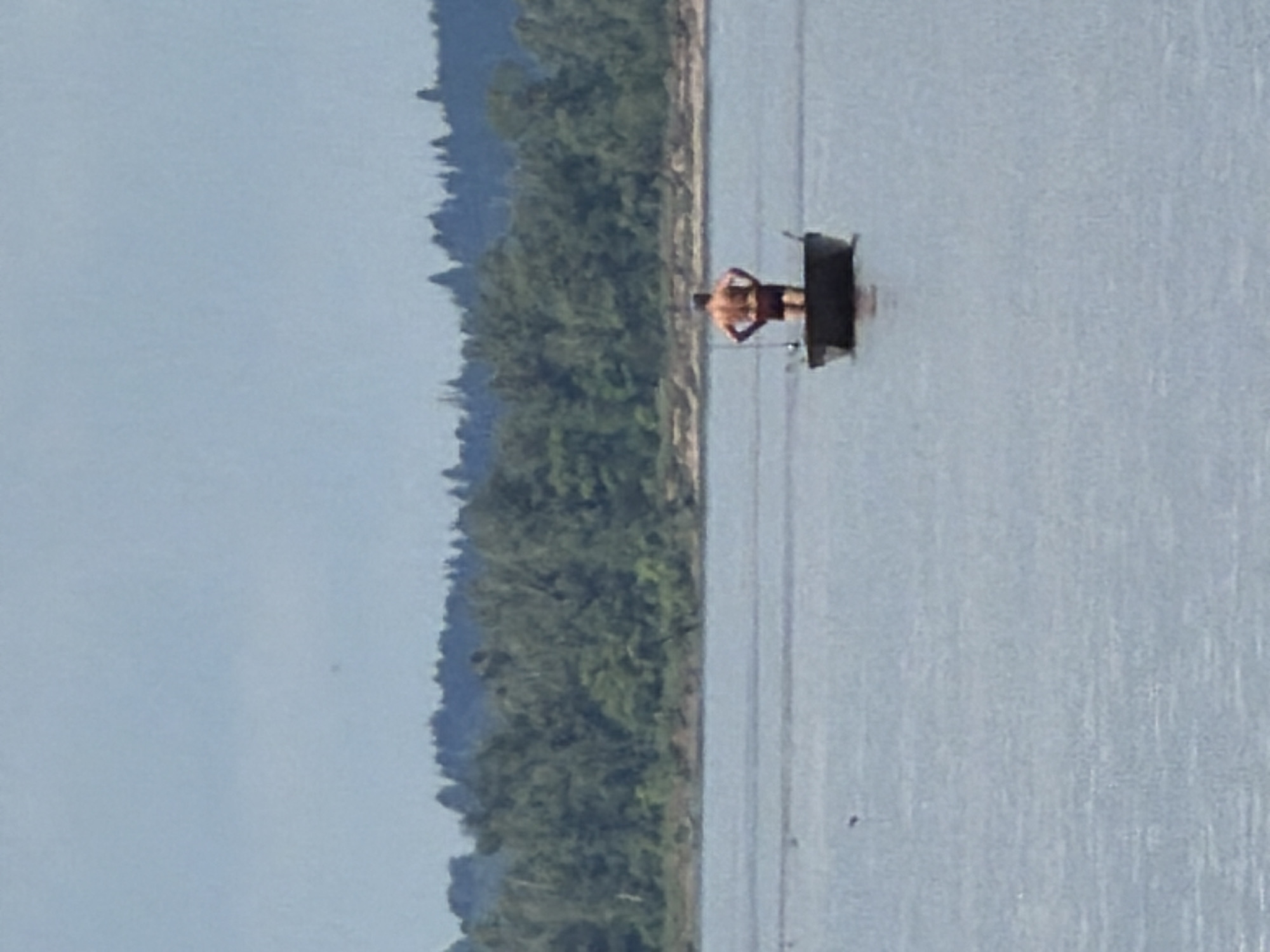 A single, shirtless male stands in a small, dark boat on a calm body of water. He is wearing dark shorts and has his hands on his hips. The boat is positioned towards the center of the frame, with a dense line of trees forming a dark silhouette across the horizon in the background. The sky is overcast with a pale blue hue. The water appears slightly rippled, and there are no other boats or people visible in the immediate vicinity. The overall scene suggests a quiet, possibly remote, natural setting.