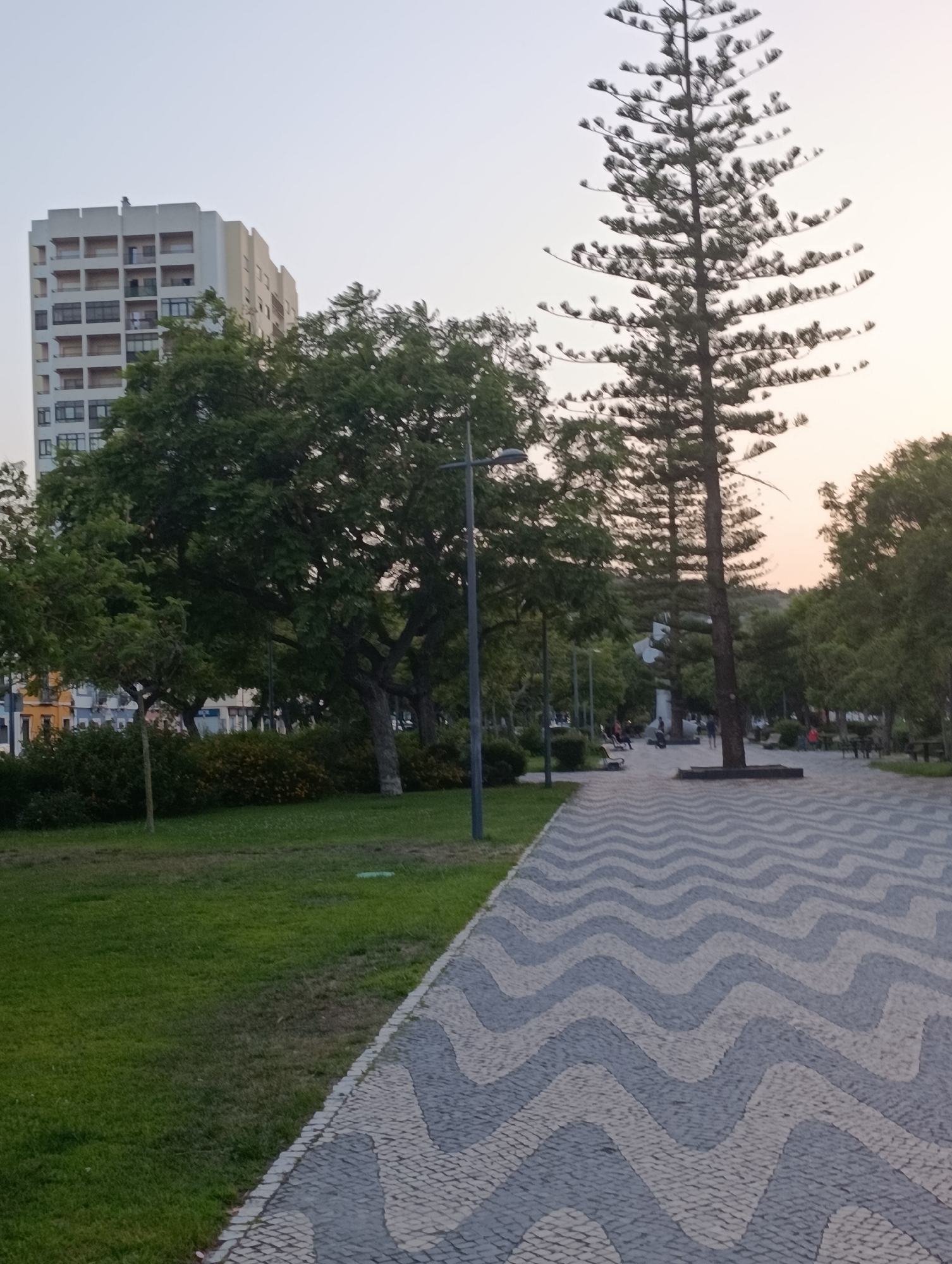 The image depicts a paved walkway with a distinctive wavy pattern of grey and light grey cobblestones, leading into a park-like area. To the left of the walkway is a manicured lawn bordered by trees and shrubs. In the background, a tall, multi-story building with a white facade and numerous windows is visible. A tall, slender pine tree stands prominently near the center of the image, to the right of the walkway. Further into the park, several smaller trees and benches can be seen. The sky is a pale, hazy color, suggesting it might be early morning or late evening. The overall scene suggests an urban public space designed for relaxation and strolling. This location is identified as being in the city of Setúbal, Portugal, specifically at the Parque do Bonfim.
