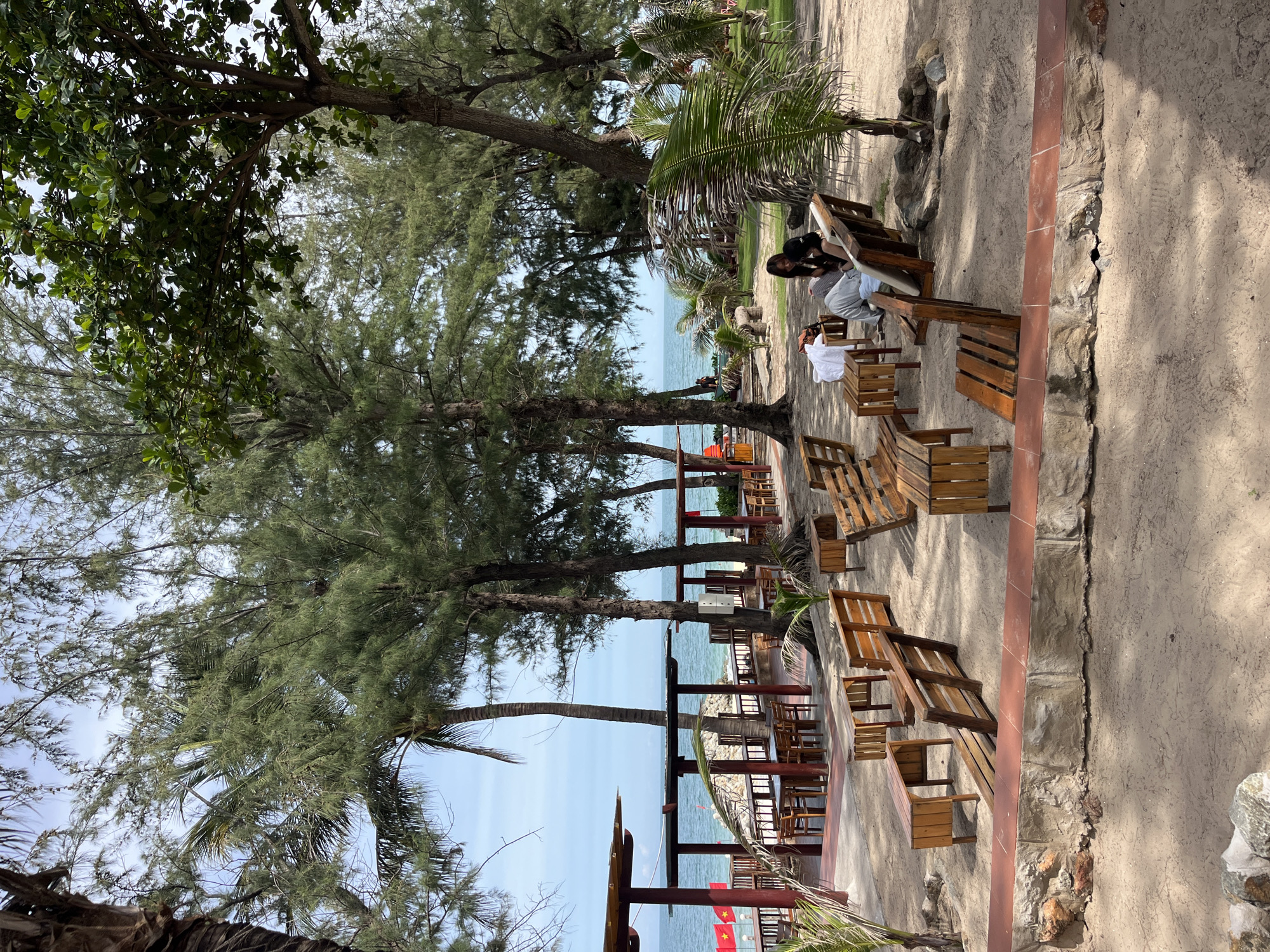 In Phu Thuy Ward, Vietnam, an outdoor seating area with wooden tables and benches is set up on a sandy ground near the beach. The seating area is shaded by tall trees with dense foliage. In the background, the ocean is visible under a cloudy sky, and a row of red flags can be seen near the water's edge. Two individuals are seated on a wooden bench, with one person lying down and the other sitting up. The scene is calm and appears to be a relaxed setting for patrons to enjoy the beach environment.