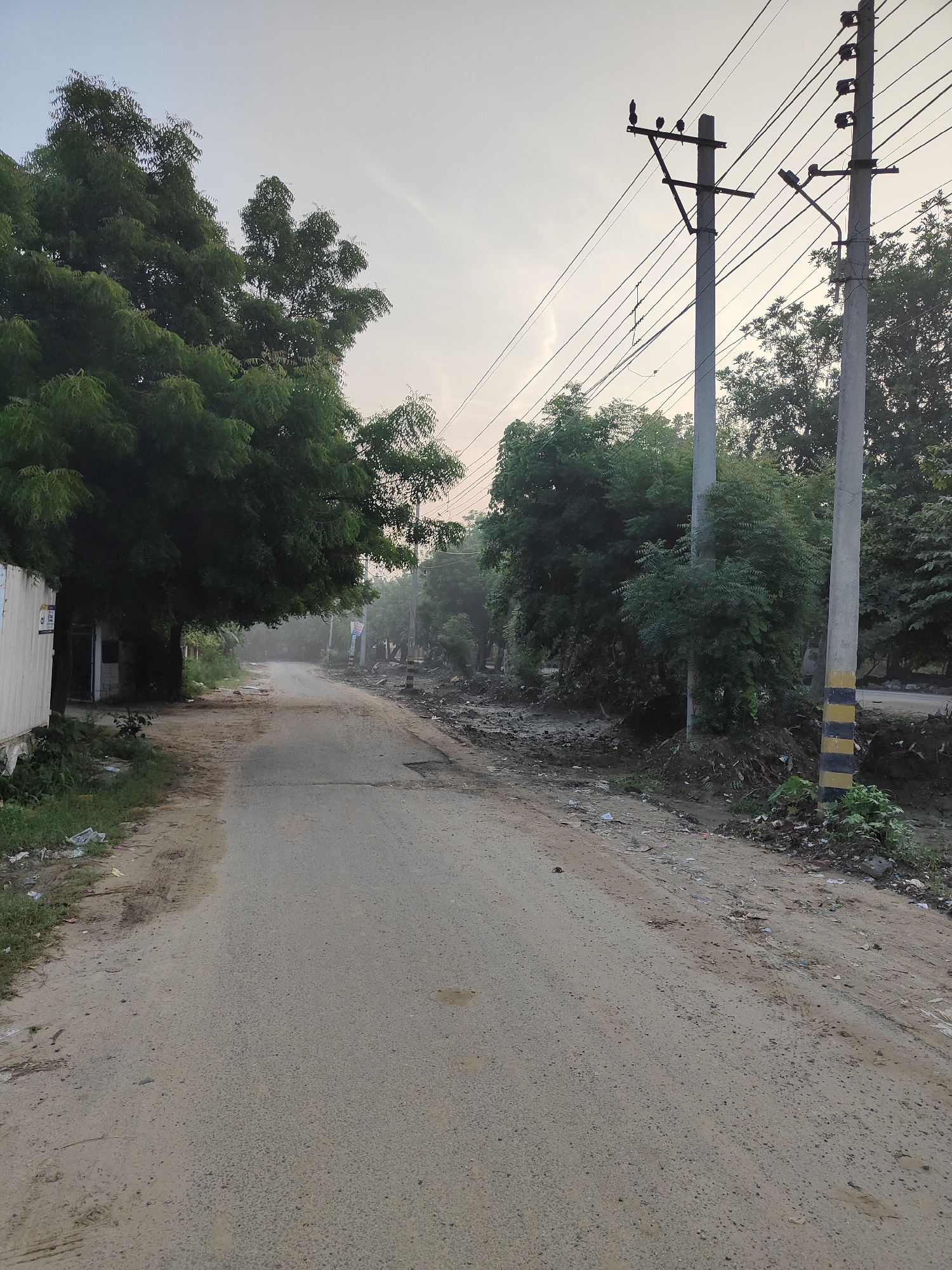 The image depicts a rural road in Gurgaon, India, at dawn or dusk. The road is unpaved and appears to be in disrepair, with visible potholes and debris along the sides. On the left, a building with a white exterior is partially visible, with a large tree casting a shadow over the road. On the right side of the road, there are utility poles with power lines and some vegetation. The background shows more trees and a hazy sky, suggesting a foggy or dusty atmosphere. The scene conveys a sense of a quiet, somewhat neglected rural setting.