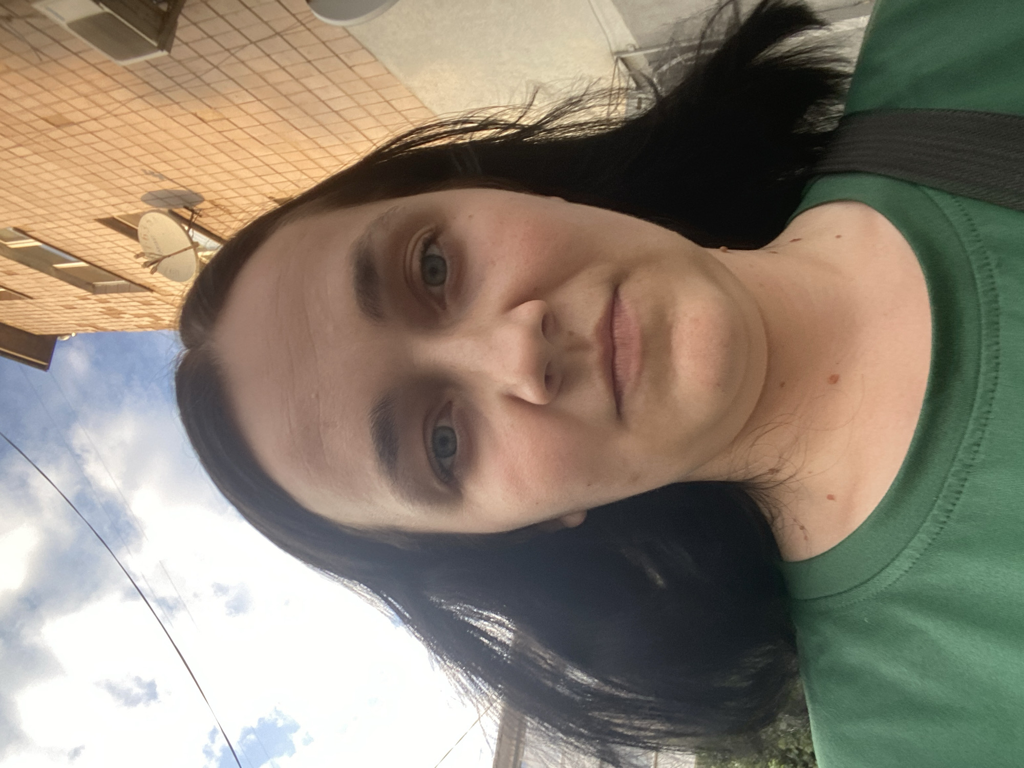 A close-up, waist-up, outdoor, selfie-style photograph captures a young woman with dark hair and blue eyes. She is wearing a green t-shirt. Her hair is blowing to her left, suggesting a breeze. Behind her, a brick building with windows and satellite dishes is visible, along with a blue sky with clouds and a power line. The image appears to be taken during the daytime.
