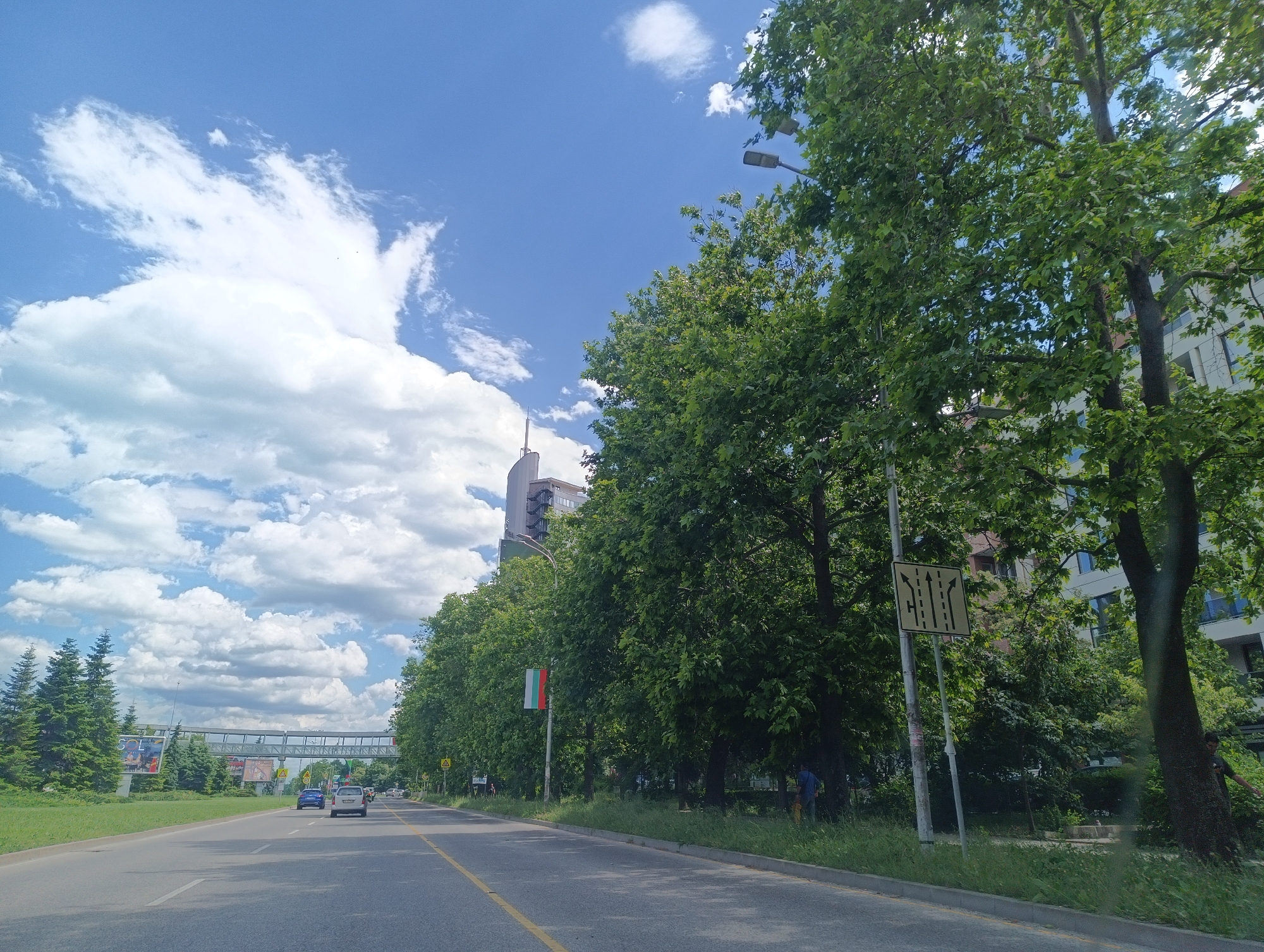 The image depicts a street scene in Burgas, Bulgaria. A straight, multi-lane road stretches into the distance, marked with a double yellow line down the center. Several cars are visible on the road. On the left side of the road is a grassy area with evergreen trees and a pedestrian overpass. On the right, a row of deciduous trees lines the street, partially obscuring a building. A Bulgarian flag is visible among the trees. A road sign with lane direction arrows is also on the right side of the road, partially obscured by the trees. Two people are visible on the right side of the road near the base of the trees. The sky is blue with white clouds. The building in the background appears to be the Hotel Bulgaria.