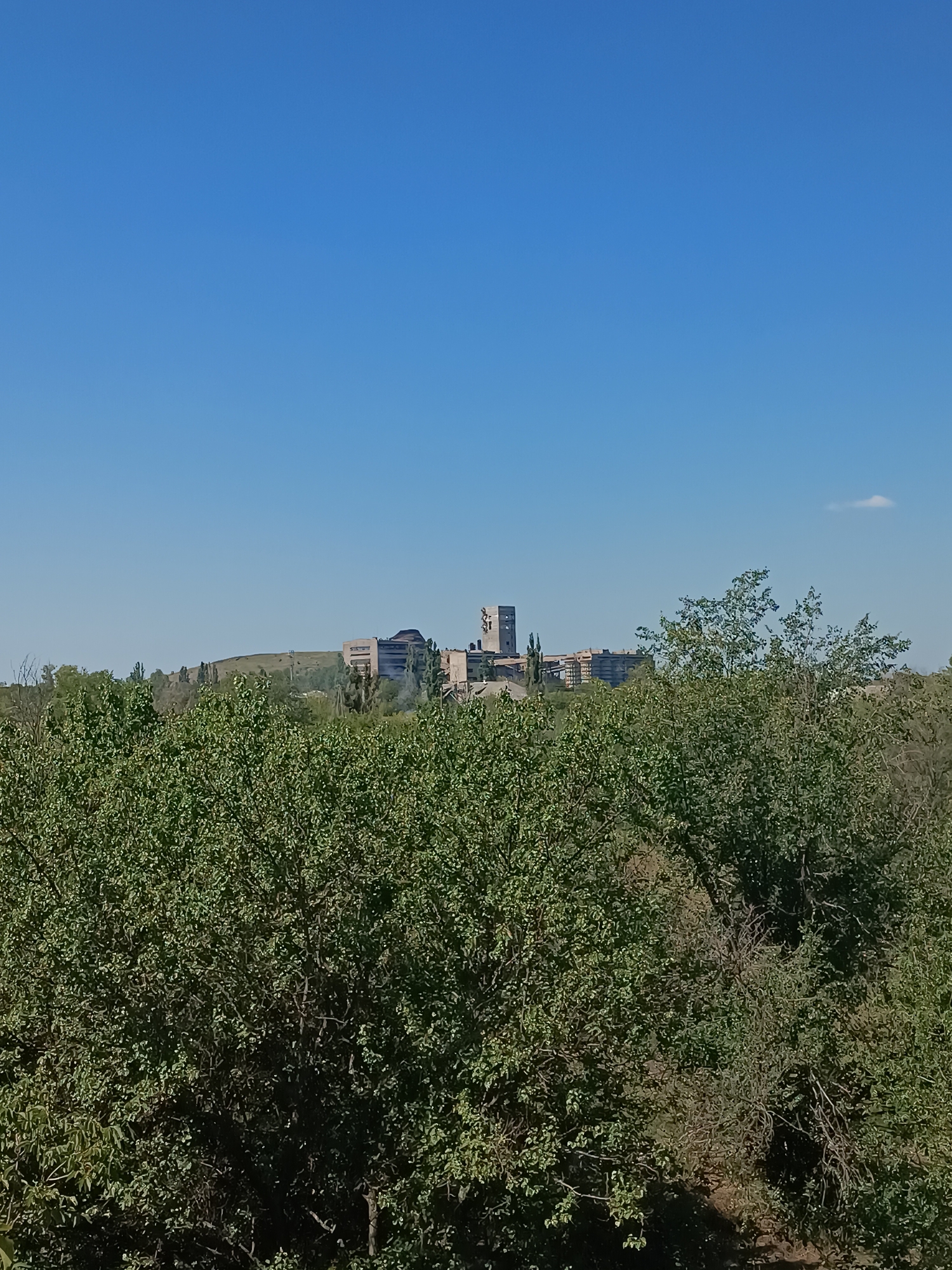 The image shows a clear blue sky above a landscape in the city of Irmino, Ukraine. In the foreground, dense green foliage from trees partially obscures the view of the mid-ground and background. Behind the trees, a collection of buildings is visible, situated on a slightly elevated terrain. The architecture suggests a mix of industrial or institutional structures, with some appearing to be multi-story buildings. One prominent structure, a tall, rectangular building with a dark, angular roof, stands out among the others. The overall environment appears to be a sunny day with good visibility.