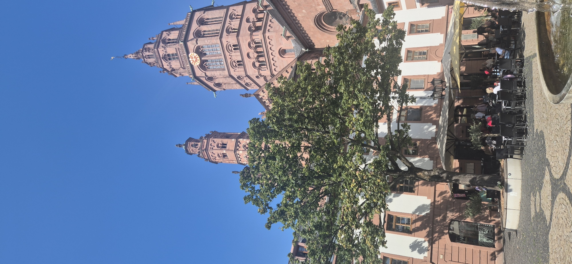 This vertical, eye-level, full-shot photograph captures a view of the Mainz Cathedral (Mainzer Dom) in Mainz, Germany, against a clear blue sky. The cathedral, a prominent Romanesque cathedral constructed from red sandstone, dominates the upper portion of the image with its twin towers and intricate architectural details, including arched windows and a clock face on one tower. In the foreground, a large deciduous tree with lush green foliage partially obscures the cathedral. Below the tree and to the right, an outdoor cafe is set up with numerous tables and chairs, some occupied by patrons enjoying a meal or drinks. The cafe area is covered by umbrellas, providing shade. The ground is paved with cobblestones in a decorative pattern. A fountain is partially visible in the lower right corner of the frame, with water splashing. The scene depicts a sunny day with people relaxing and dining in a public square adjacent to the historic cathedral.