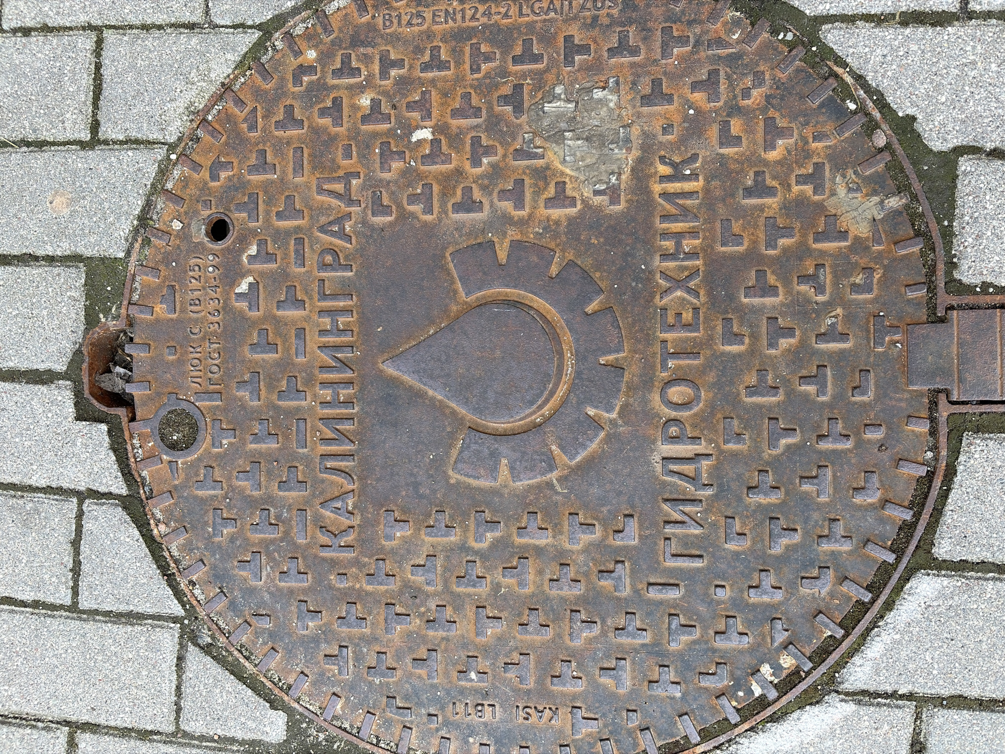 A rusty, circular manhole cover with intricate metalwork is positioned on a paved walkway. The cover features text in Cyrillic script and a central emblem depicting a stylized water droplet above a gear. The surrounding pavement is composed of rectangular grey stones. The manhole cover exhibits signs of wear and tear, including rust and some chipped areas. There are no people or animals visible in the image.