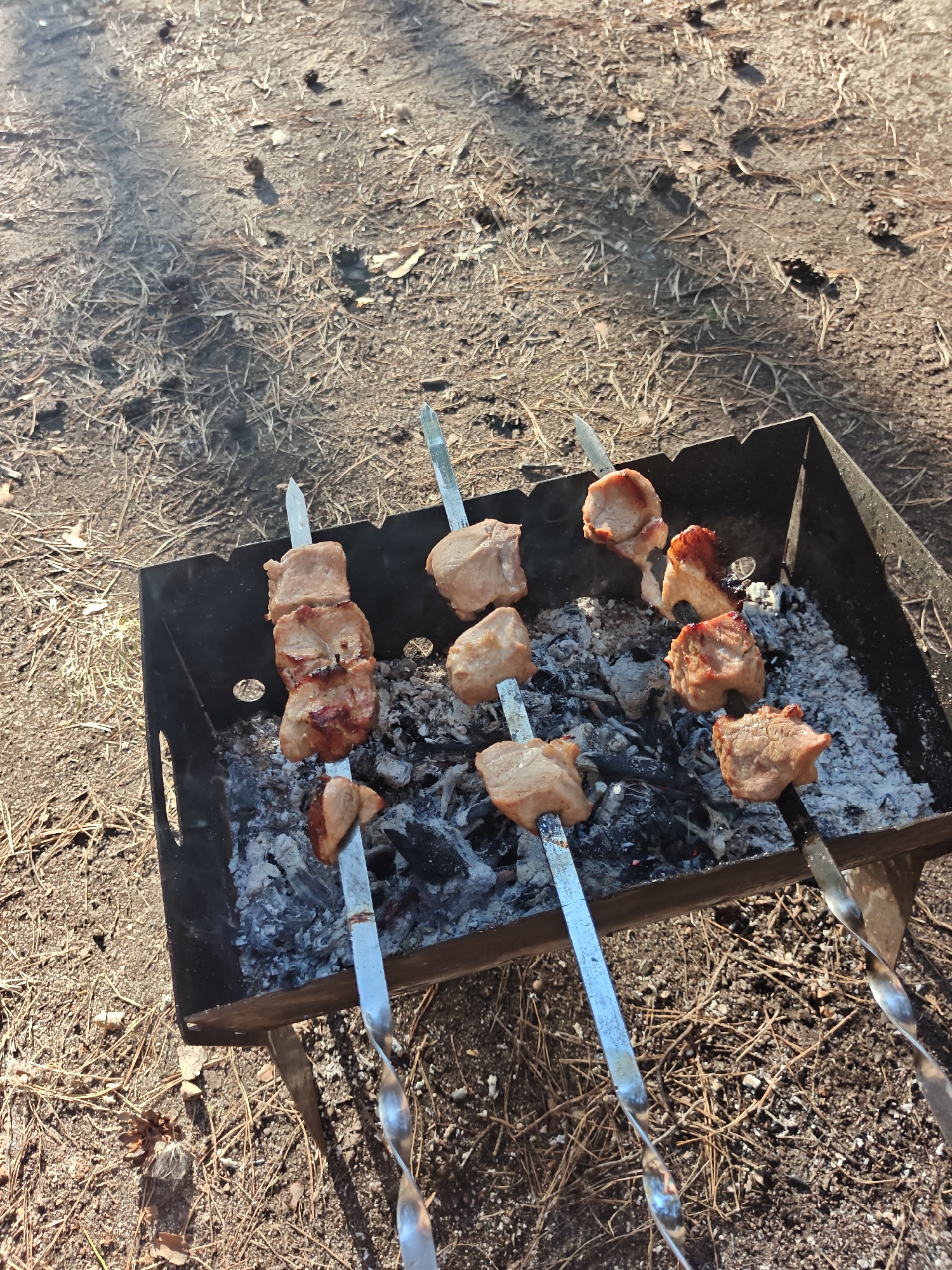 The image depicts skewers of meat being grilled over hot coals in a portable barbecue. The barbecue is black and appears to be made of metal. The meat is a light brown color and appears to be well-cooked, with some charring visible on some pieces. The coals are gray and white, indicating they have been burning for some time. The ground around the barbecue is covered with dirt, pine needles, and dry leaves, suggesting an outdoor, possibly wooded, setting. The lighting suggests it is daytime, with sunlight casting shadows. The location is identified as Корнеев ауылдық округі, Kazakhstan. There are no people visible in the image, and the focus is on the food and the cooking process.