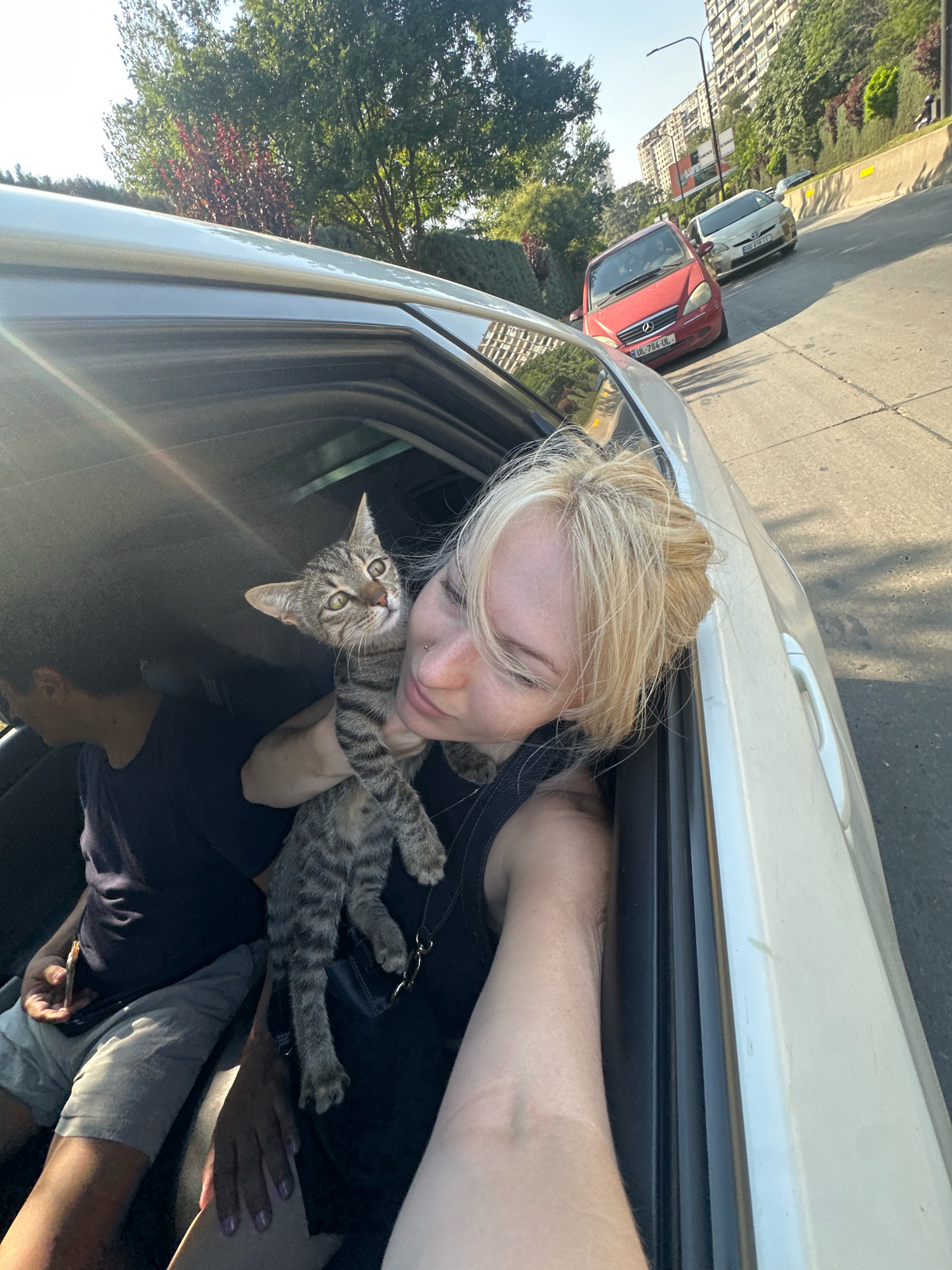In Tbilisi, Georgia, a blond woman leans out of a white car window, holding a tabby kitten. She appears to be taking a selfie as she gazes at the camera. The kitten is cradled in her arms, its head turned towards the lens. In the background, a man in a dark shirt and light shorts is visible in the car's interior. The car is in traffic on a sunny day, with other vehicles and buildings lining the street. The scene captures a moment of enjoyment and connection between the woman and her pet against the backdrop of an urban environment.
