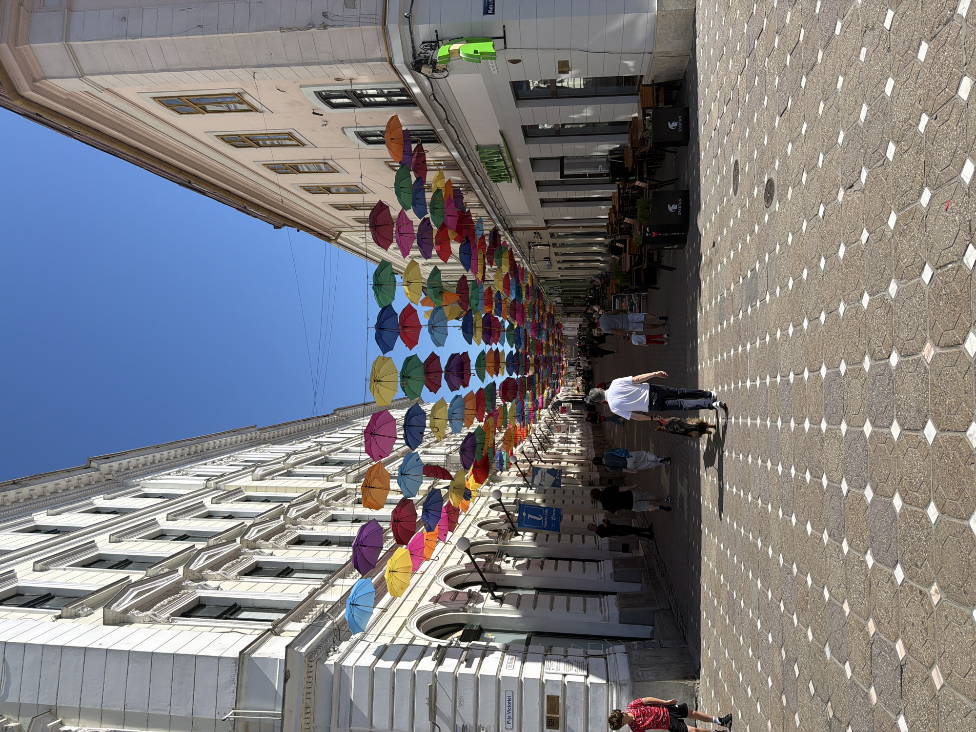 The image captures a street scene in Timișoara, Romania, known for its decorative display of colorful umbrellas suspended above the pedestrian zone. The photo shows an outdoor promenade lined with buildings on either side. The pavement is patterned in a repeating geometric design of light and dark stone. A series of open umbrellas in a rainbow of colors (blue, green, yellow, orange, pink, purple) are strung above the walkway, creating a vibrant canopy over the street. Pedestrians are present, including an adult male walking a dog. There is also outdoor seating visible in front of a restaurant. The sky above the buildings is a clear, bright blue. A sign is visible that indicates P-ta Victoriei.
