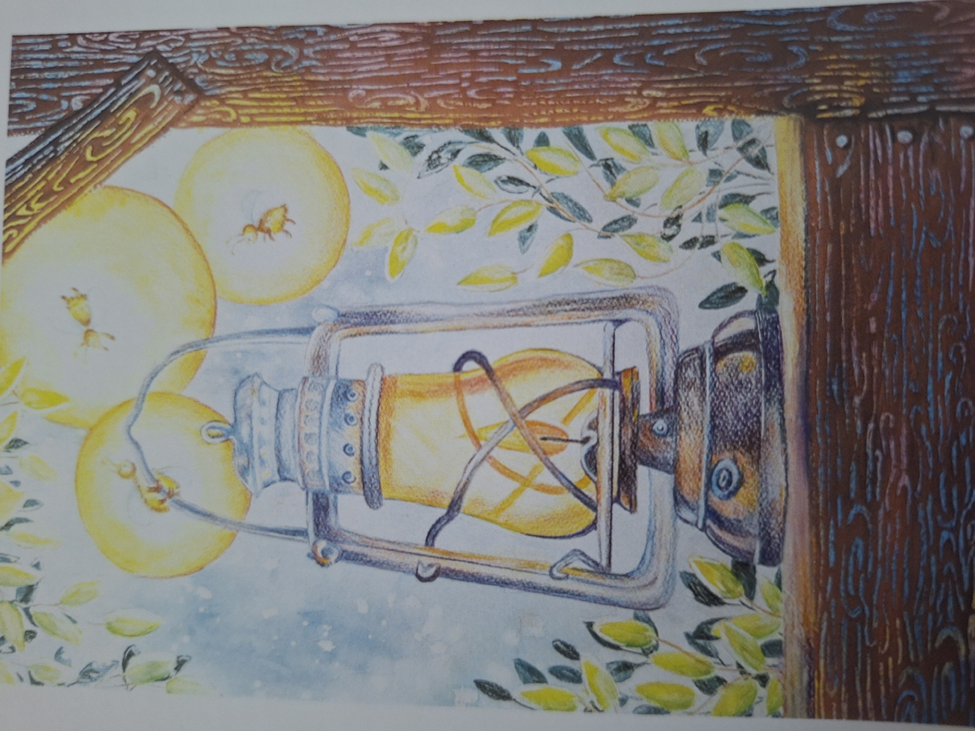 This image is a watercolor painting of a lit kerosene lantern. The lantern is ornate, with a blue and silver patterned base and a clear glass chimney housing a yellow flame. It is framed by a wooden structure on the right, possibly part of a porch or building. Yellow leaves and branches are scattered throughout the background, some of which appear to be illuminated by the lantern's light. In the upper background, three large, softly lit yellow circles are visible, each with a small insect, possibly a firefly or bee, hovering near it. The foreground shows a wooden surface with a textured grain pattern. The overall impression is a warm, slightly fantastical scene, evoking a sense of dusk or twilight. There is no discernible location in the city of Varna, Bulgaria, or any specific real-world setting indicated in the image.