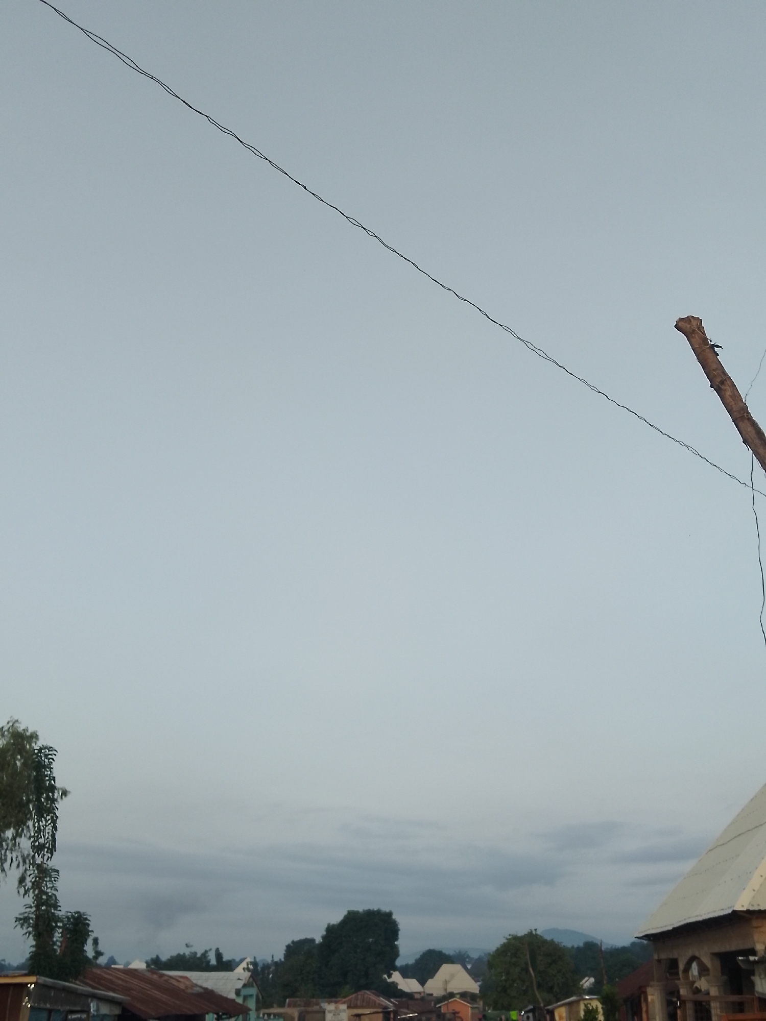 This is an outdoor, medium-shot, eye-level, full-color photograph taken during the day. The image depicts a sky with a wire stretching across it diagonally from the upper left to the mid-right. On the right side of the image, a thick, rough wooden pole with a jagged top extends upwards from the bottom edge. The lower portion of the image reveals a dimly lit scene of buildings and trees. In the foreground, to the left, is a building with a corrugated metal roof. To the right, the roof of another building is visible, appearing to be made of corrugated metal. Several trees are scattered throughout the lower section of the image, with some appearing leafy and others bare. The overall lighting suggests it may be early morning or late evening due to the overcast sky. There are no people or animals visible in the frame.