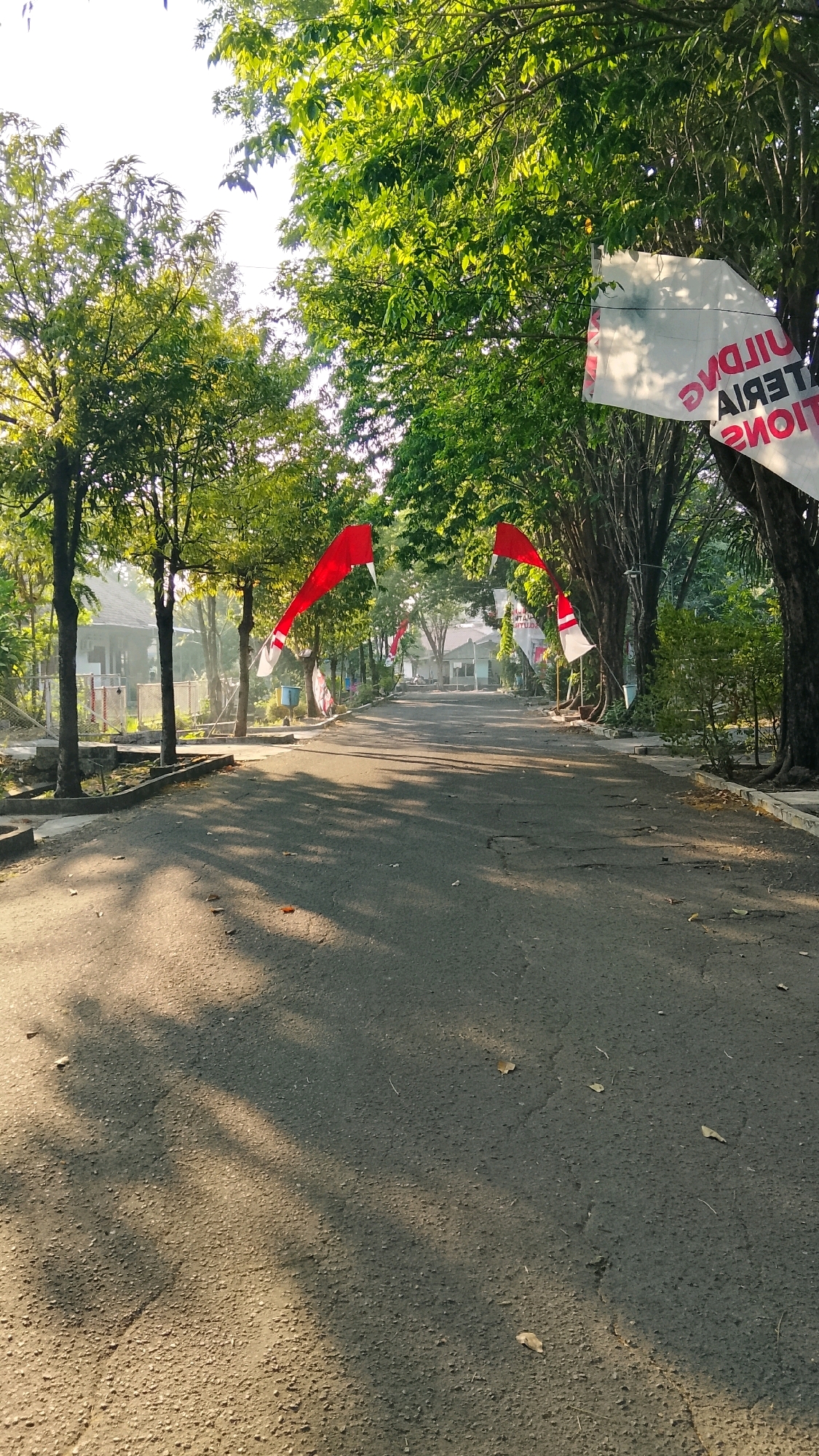The image depicts a straight, asphalt road lined with trees on both sides. Red and white flags, likely Indonesian flags, are strung across the road, some hanging from trees and others attached to poles. In the background, there are buildings that appear to be part of a school or institution. The sun is shining, casting shadows on the road and highlighting the lush green foliage of the trees. The overall scene suggests a festive or commemorative occasion, possibly related to Indonesian Independence Day. The location is identified as Tlogobendung, Indonesia. There are no people visible in the image.