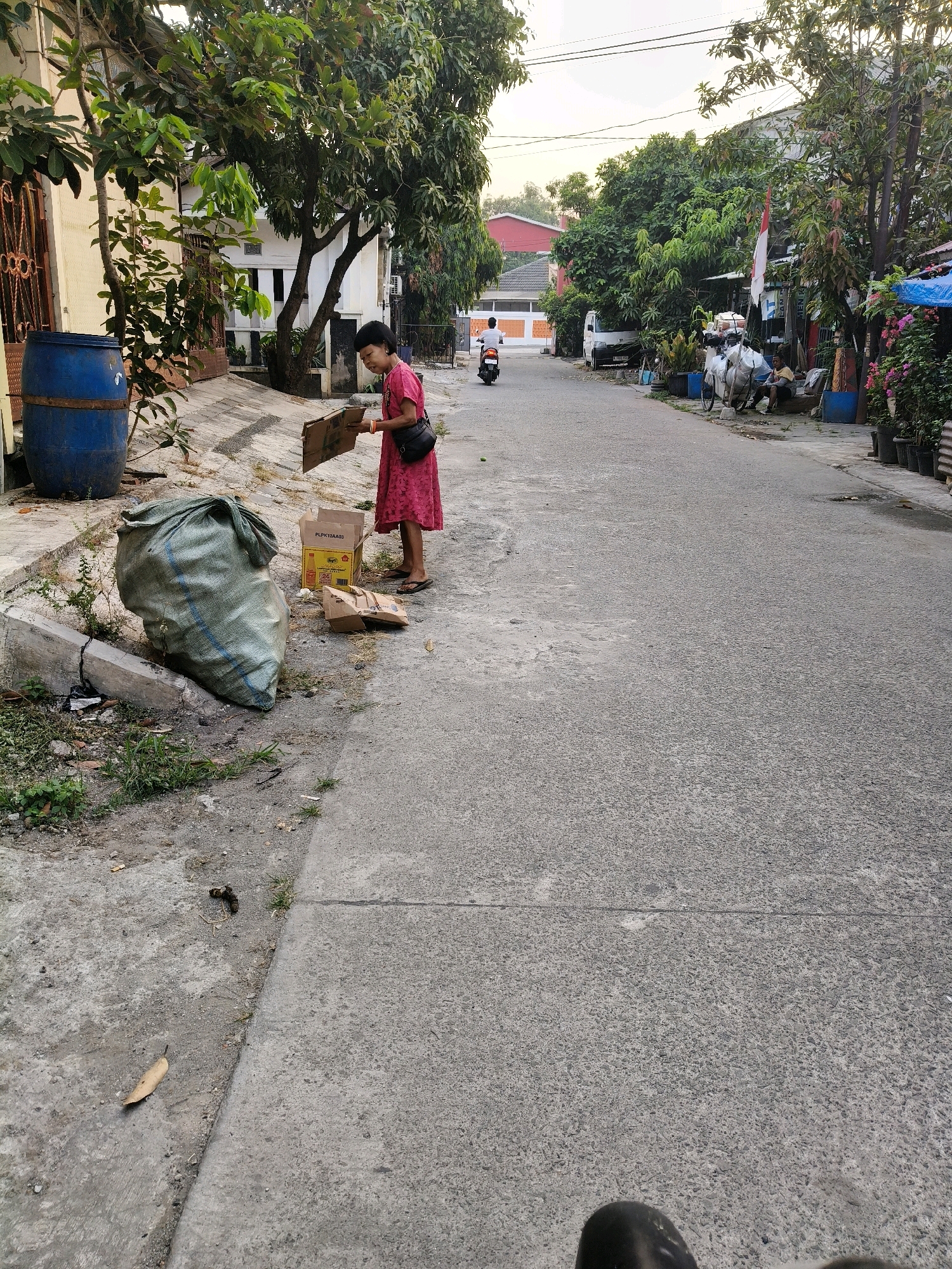 In Setiamekar, Indonesia, a woman in a pink dress stands on a residential street next to a large, light green garbage bag. She is holding a piece of cardboard and appears to be interacting with it. Beside her are two cardboard boxes and a brown paper bag. A blue barrel is visible to her left, and a tree with lush green leaves arches over the scene from the left side of the frame. The street is paved with asphalt, and there is a concrete curb and sidewalk area to the left of the woman. In the background, other houses, trees, and a small motorcycle can be seen. The lighting suggests it is late afternoon or early morning, with a soft, diffused light.