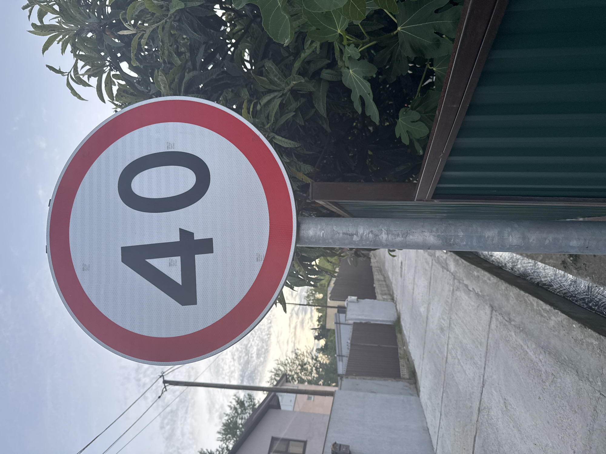 The image shows a circular speed limit sign with a red border and the number "40" in black on a white background. The sign is mounted on a metal pole. To the left of the sign is a residential building with a light-colored wall and windows. A concrete sidewalk runs alongside a drainage ditch. To the right of the sign is a dark green metal fence and lush green foliage. The sky is overcast with some clouds visible. This scene is located in the city of Sochi, Russia.