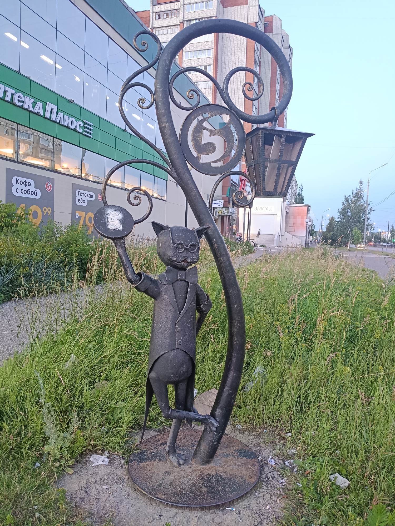 This is a medium-shot, eye-level photograph of a metal sculpture of a cat in a suit, standing in front of a building and overgrown grass. The cat sculpture is dressed in a suit, bow tie, and glasses, and is holding a circular object in its right paw. Behind the sculpture is a modern building with large glass windows and visible interior lighting. The building has signage in Russian, including "АПТЕКА ПЛЮС" (Apteka Plus - Pharmacy Plus), "Кофе с собой" (Coffee to go), and "Готовая еда" (Ready-to-eat food). To the right of the building, a street with cars and streetlights is visible, suggesting an urban environment. The grass in the foreground is tall and wild, with some litter scattered amongst it. The sky is overcast and a pale blue, indicating it might be early morning or late evening. The overall impression is a quirky, artistic element in an otherwise ordinary urban setting. The presence of the cat sculpture suggests a whimsical or charming aspect to the location, possibly a public art installation or a feature of a business.