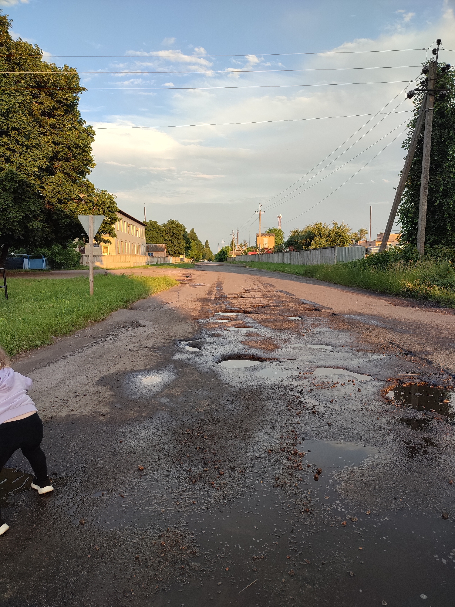 A child, seen from the back, stands on a damaged asphalt road in what appears to be a rural or suburban area. The road is riddled with numerous large potholes, many filled with murky water. Debris, including small stones and soil, is scattered across the road surface and within the puddles. To the left of the road is a patch of green grass with a wooden post and a triangular sign. Behind the grass, a long, light-colored building with multiple windows and a series of vertical elements along its facade is visible, bordered by trees. Further down the road, on the right side, a utility pole with wires stretches upwards, disappearing into the sky, and more trees line the side. The sky above is a mix of blue and white clouds, with the setting sun casting a warm, golden light on the scene. The overall impression is of a neglected road infrastructure in a quiet, possibly residential, setting.