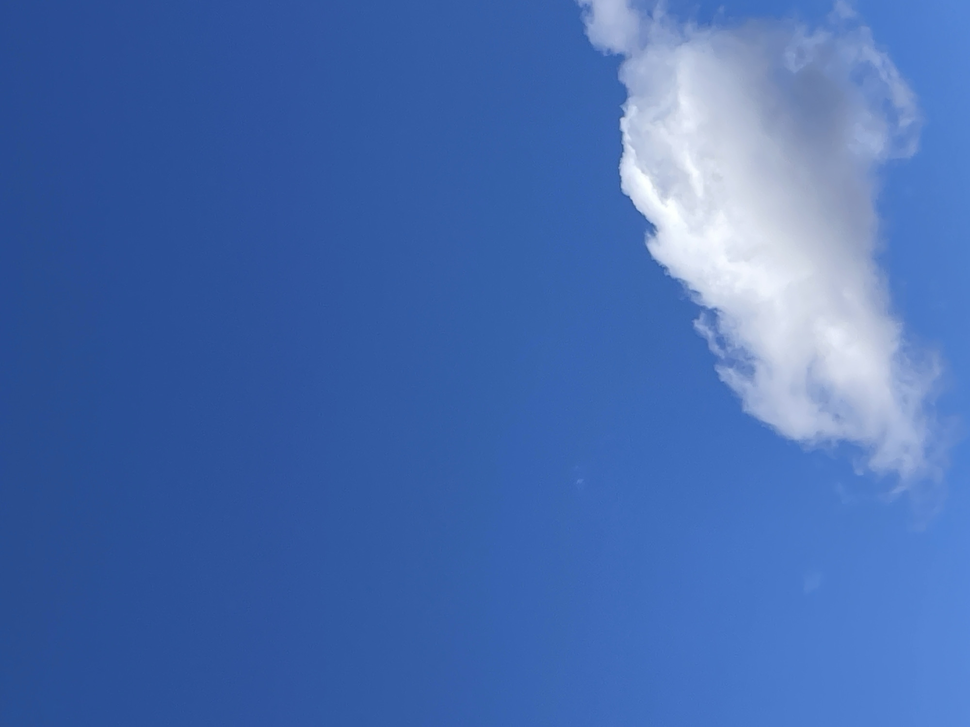 A daytime shot of a bright blue sky with a single white cloud in the upper right quadrant. There is nothing to indicate the city of Oktyabrsky, Russia or its surroundings. No people, objects, actions, or interactions are visible. The environment consists of a blue sky and a cloud.