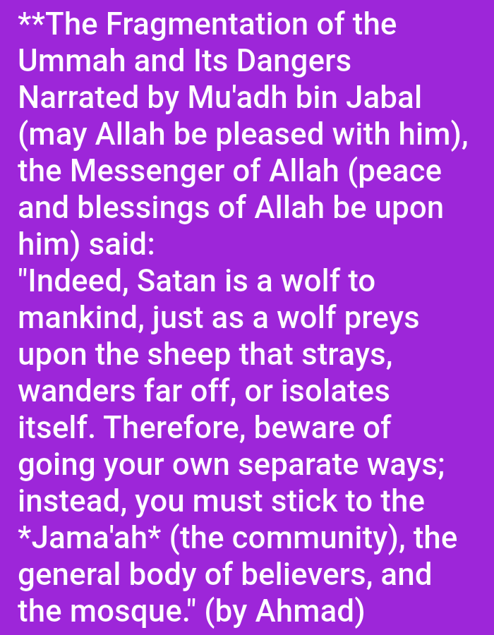 The image is a close-up of a purple background with white text. The text discusses the fragmentation of the Ummah and its dangers, quoting Mu'adh bin Jabal. It uses the analogy of Satan being a wolf that preys on stray sheep to warn against going one's own separate ways and advises sticking to the "Jama'ah" (the community) of believers and the mosque. The text is attributed to Ahmad. There are no people, objects, actions, interactions, or environmental details visible in the image, and it provides no information about a location in Bandung City, Indonesia.