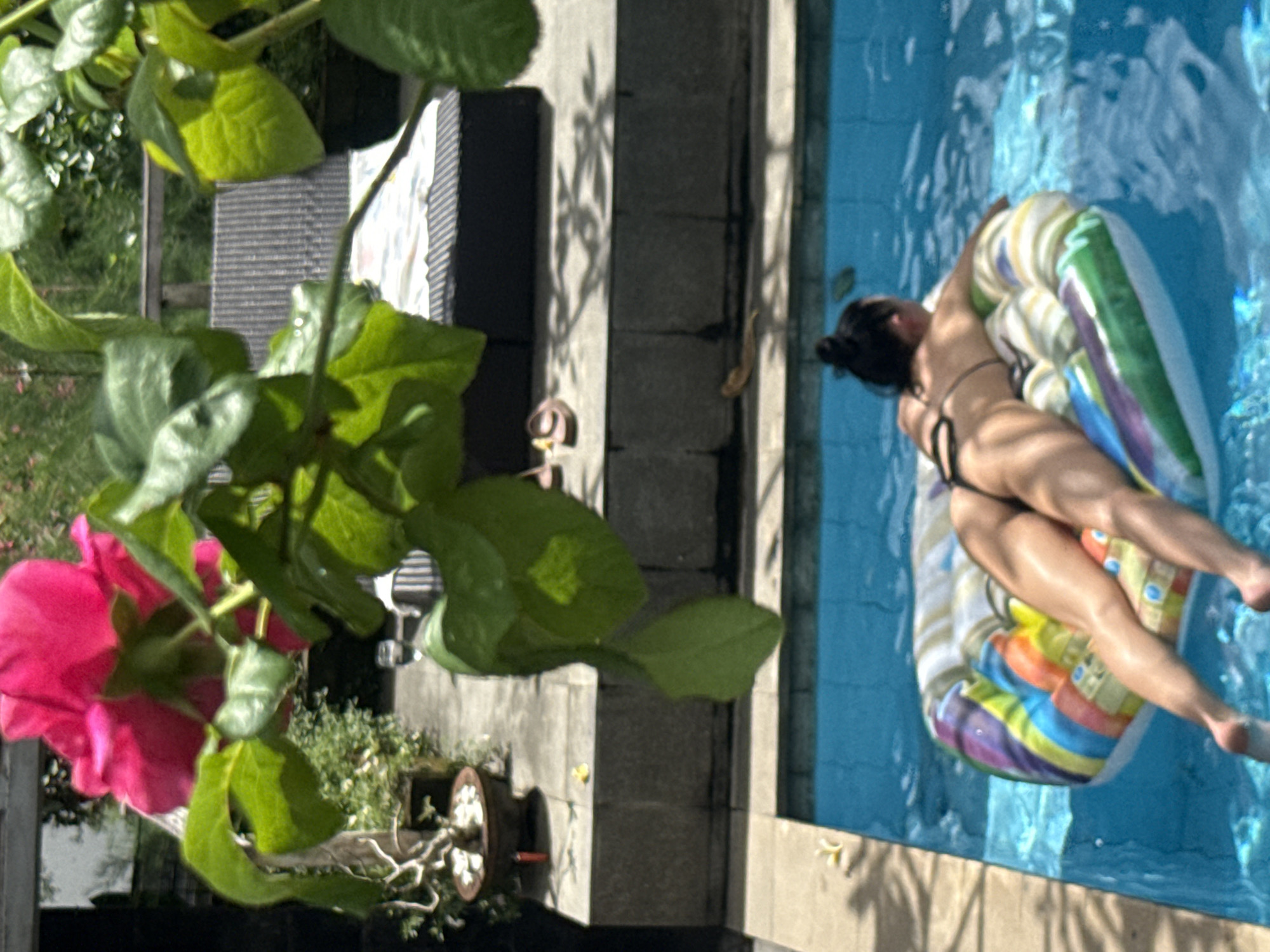 Scene: A woman in a bikini is lying on a colorful inflatable raft in a swimming pool.
Environment: The pool is surrounded by concrete tiles. There is greenery, including a potted plant and a rose bush with pink flowers, visible. There are also shadows of foliage on the pool deck.
Location: North Kuta, Indonesia.
