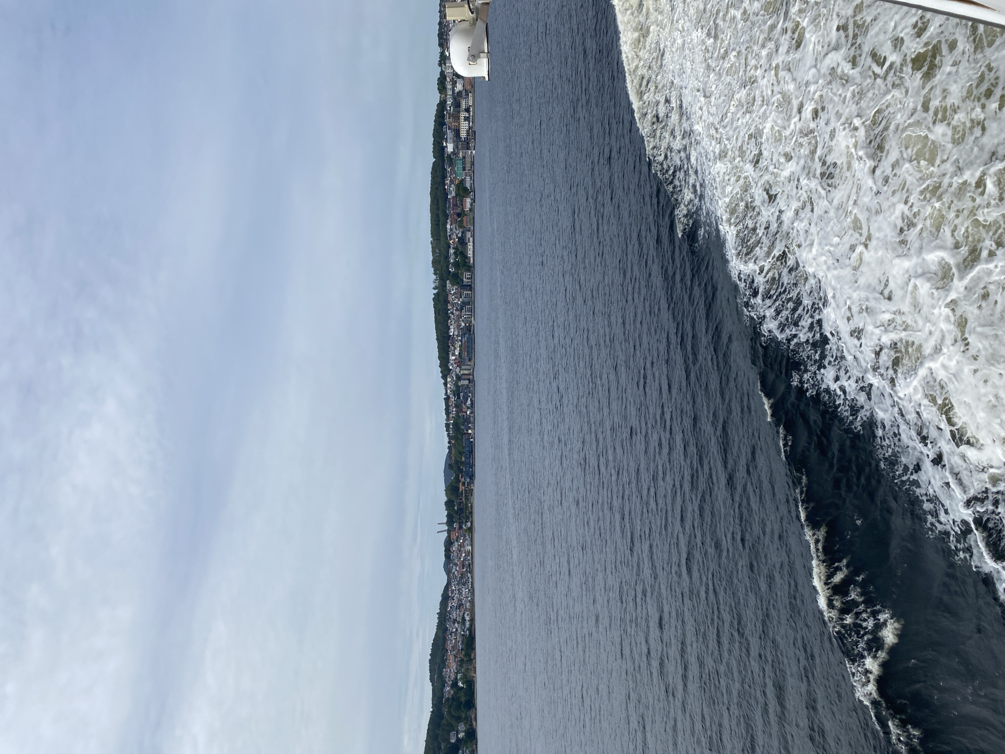This image depicts a view from a vessel, likely a ferry or ship, sailing through a body of water. The scene is dominated by the dark, choppy water on the right, with a foamy white wake trailing the vessel. On the left, a densely populated coastline stretches into the distance. Buildings, varying in color and size, are nestled amongst lush green trees that cover a sloping hillside.
The time of day appears to be daytime, with the sky a soft, overcast blue, suggesting cloudy or hazy weather. The location appears to be a coastal town or city, with the presence of numerous buildings along the shore. The choppy water and the wake indicate that the vessel is in motion, moving along the coastline. There are no people or specific objects clearly identifiable in the foreground or on the coastline. The overall mood is serene, with the vastness of the water and the detailed coastline creating a sense of journey and observation. No text is visible in the image.
