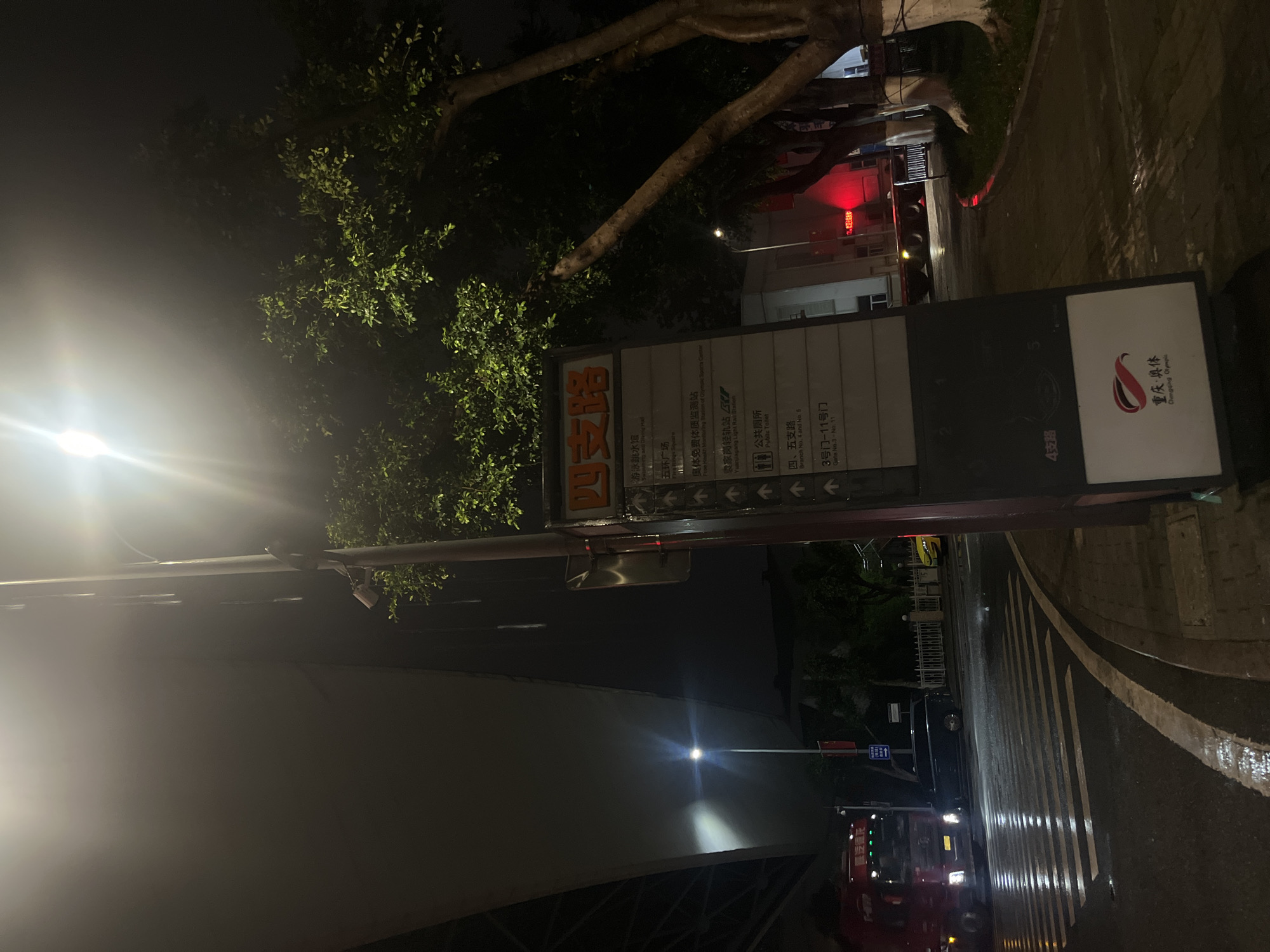 This nighttime image captures an urban road junction in Jiulongpo District, Chongqing, China, specifically located at or near the Chongqing Olympic Sports Center. A prominent, dark grey vertical street sign stands in the foreground, illuminated by a bright streetlight mounted on the same pole. The sign displays white Chinese characters and English translations for destinations including "Swimming & Diving Hall," "Olympic Square," "Free Ferry/Shuttle Station of Olympic Sports Center," "Yuanjiagang Light Rail Station," "Public Toilet," and directions to "Branch No. 4 and No. 5" roads and "Gate No. 3 - No. 11." The bottom of the sign features a red logo and the text "Chongqing Olympic."
The asphalt road surface and adjacent pavement appear wet and highly reflective, indicating recent precipitation. White zebra crossing stripes and a curved white road marking are visible on the road. Multiple streetlights emit bright white light, causing significant glare and reflections on the wet surfaces.
To the left, a large red semi-truck or heavy goods vehicle is partially visible, facing away from the viewer, with its headlights on. Behind it, a dark-colored sedan or SUV is also on the road. Further in the background on the right, a yellow vehicle is partially visible behind a white fence. Several trees with dark foliage and visible trunks line the right side of the road, with some leaves illuminated by the artificial light. A large, curved, light-colored structure, likely a stadium roof or wall, occupies the upper-left quadrant of the image. A red light, possibly from an emergency vehicle or sign, is visible in the distance on the right. No individuals are present in the scene.