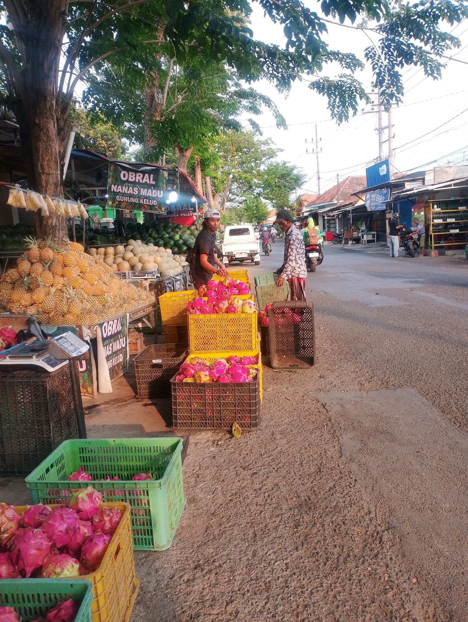 In Probolinggo, Indonesia, a street vendor displays a vibrant selection of fruits on a sunny day. Piles of golden pineapples dominate the foreground, alongside crates brimming with bright pink dragon fruit. Behind the fruit stall, a man in a black t-shirt and a cap is seen attending to the produce, while another man in a patterned shirt stands near a stack of green crates. The street is lined with small shops and stalls, and a white pickup truck is parked on the side of the road. The scene captures a typical day at a bustling local market, with the warm sunlight casting long shadows across the pavement, hinting at the late afternoon hour.