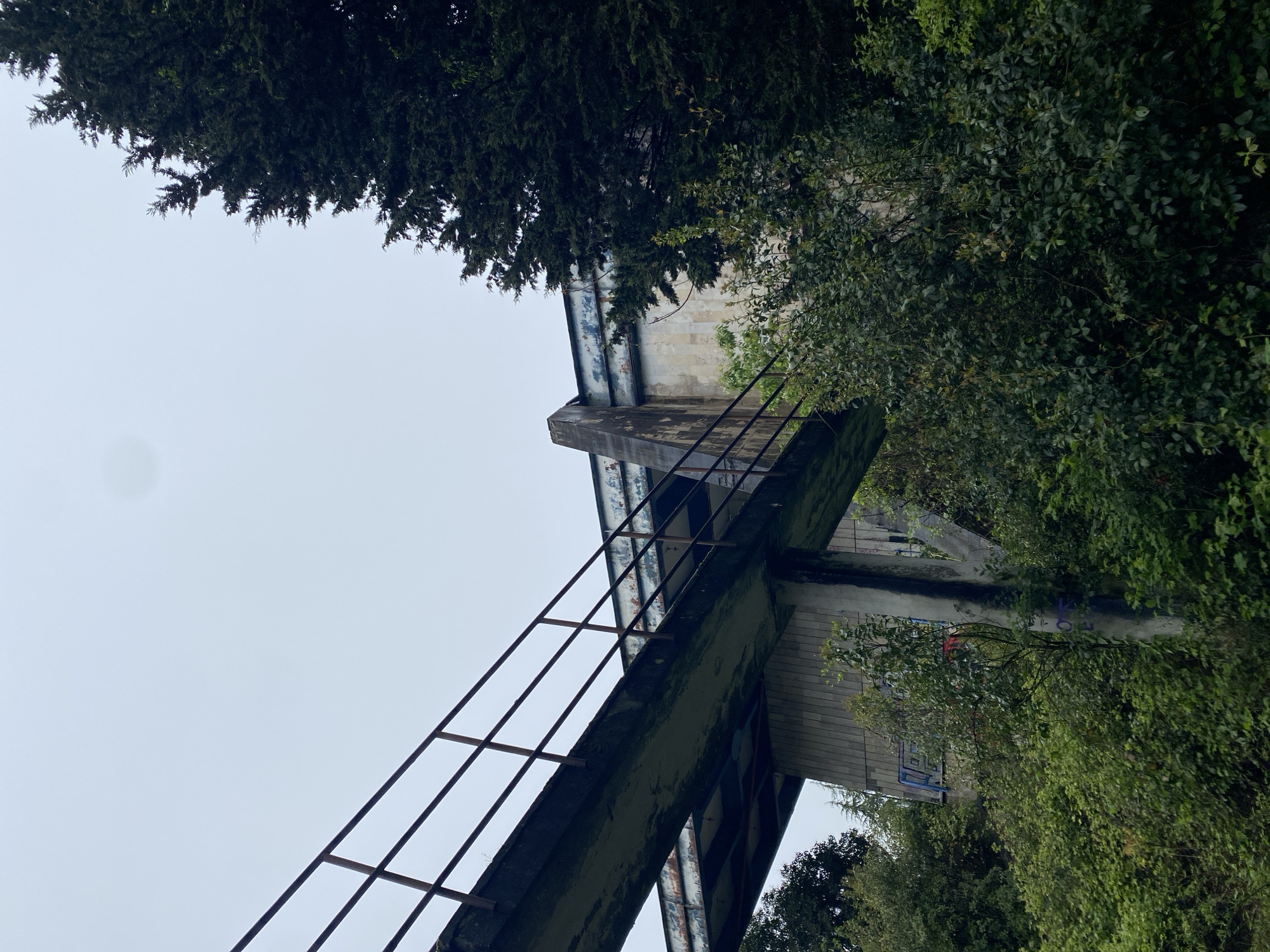 The image shows a decaying concrete structure, possibly an abandoned pedestrian bridge or overpass, in Sochi, Russia. The structure is overgrown with vegetation and shows signs of graffiti and weathering. A rusty metal railing lines one side of the bridge. The sky is overcast, and trees surround the structure. There are no visible people in the image.