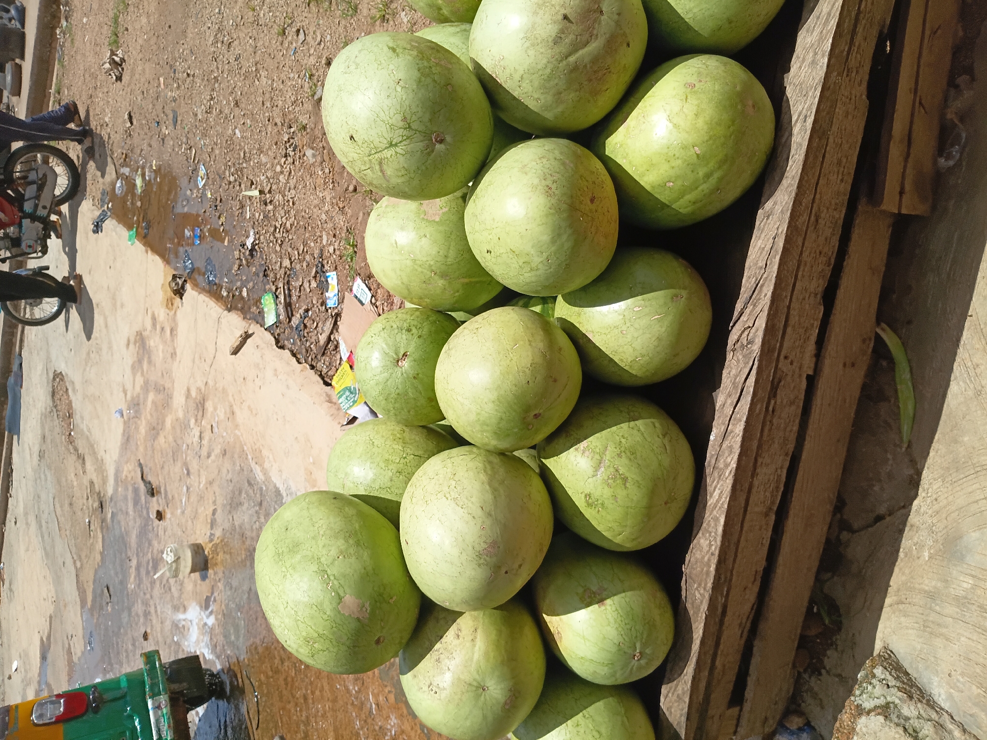 This is a top-down, wide shot of a pile of green watermelons, likely for sale, displayed outdoors. The watermelons are round and vary slightly in size, with some showing a lighter green hue and others a darker green. They are arranged in a dense cluster, with some resting on a wooden surface, suggesting they are in a market stall.
In the background, to the left, a portion of a street scene is visible. The ground is a mix of dirt and some wet patches, with scattered debris, possibly indicating recent rain or cleaning. A motorcycle with visible wheels and part of its body is parked on the left. A person's legs, clad in dark pants, are also visible near the motorcycle. Further left, a small, colorful vehicle, possibly a tricycle or auto-rickshaw, is partially in view.
The scene appears to be set in Jos, Nigeria, as suggested by the context. The lighting suggests it is daytime, with sunlight casting shadows. The overall impression is of a bustling outdoor market, with fresh produce being displayed for sale. There is no visible text in the image.