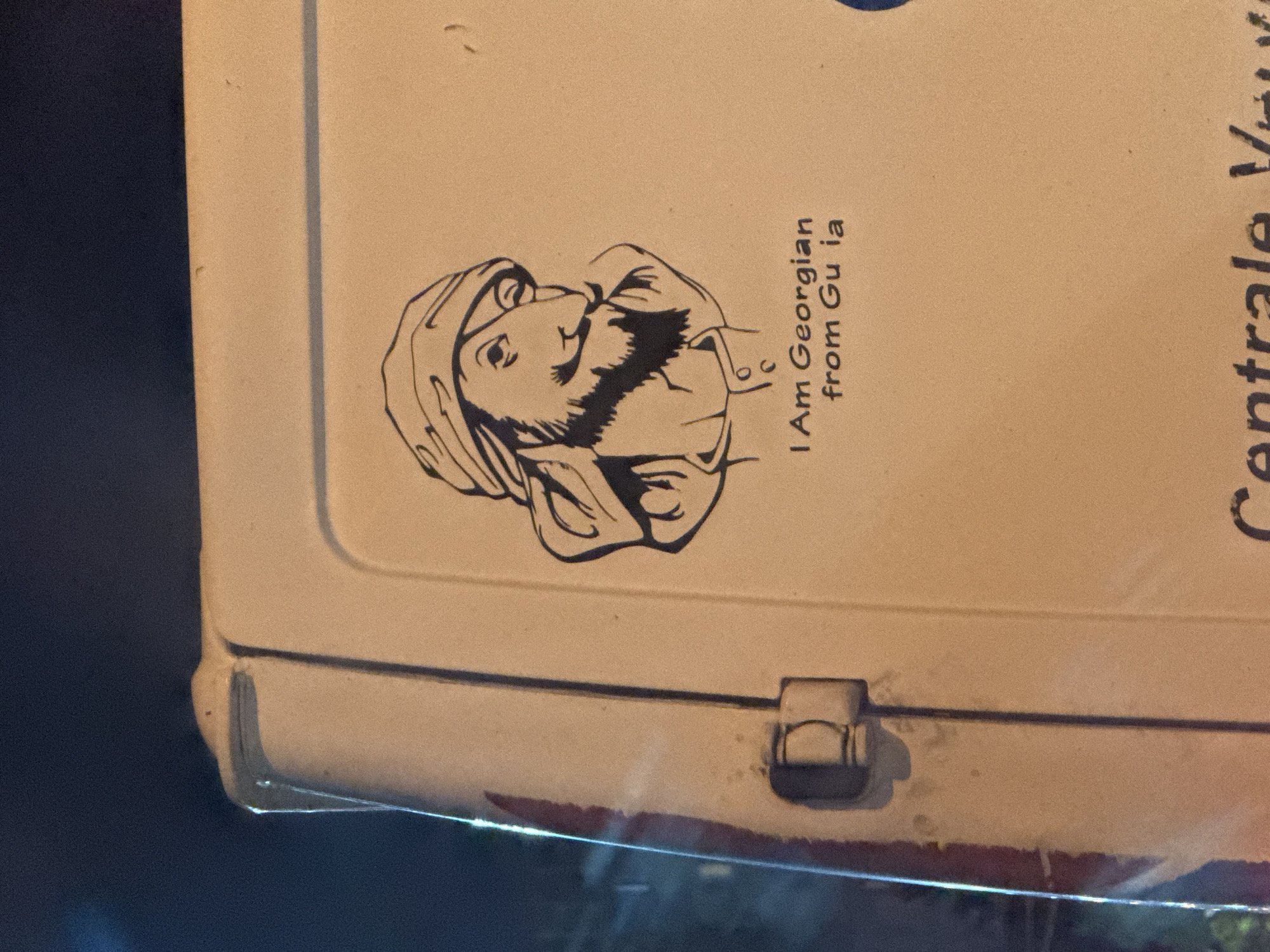 The image shows a close-up of the side of a white van parked at night, likely in Tbilisi, Georgia. A sticker is affixed to the van's surface, featuring a black and white drawing of a sheep wearing a traditional Georgian hat and a mustache. Below the drawing, text reads "I Am Georgian from Gu ia". The van appears to be parked on a street with faint streetlights reflecting on its surface. The background is dark and out of focus, suggesting an urban nighttime setting.