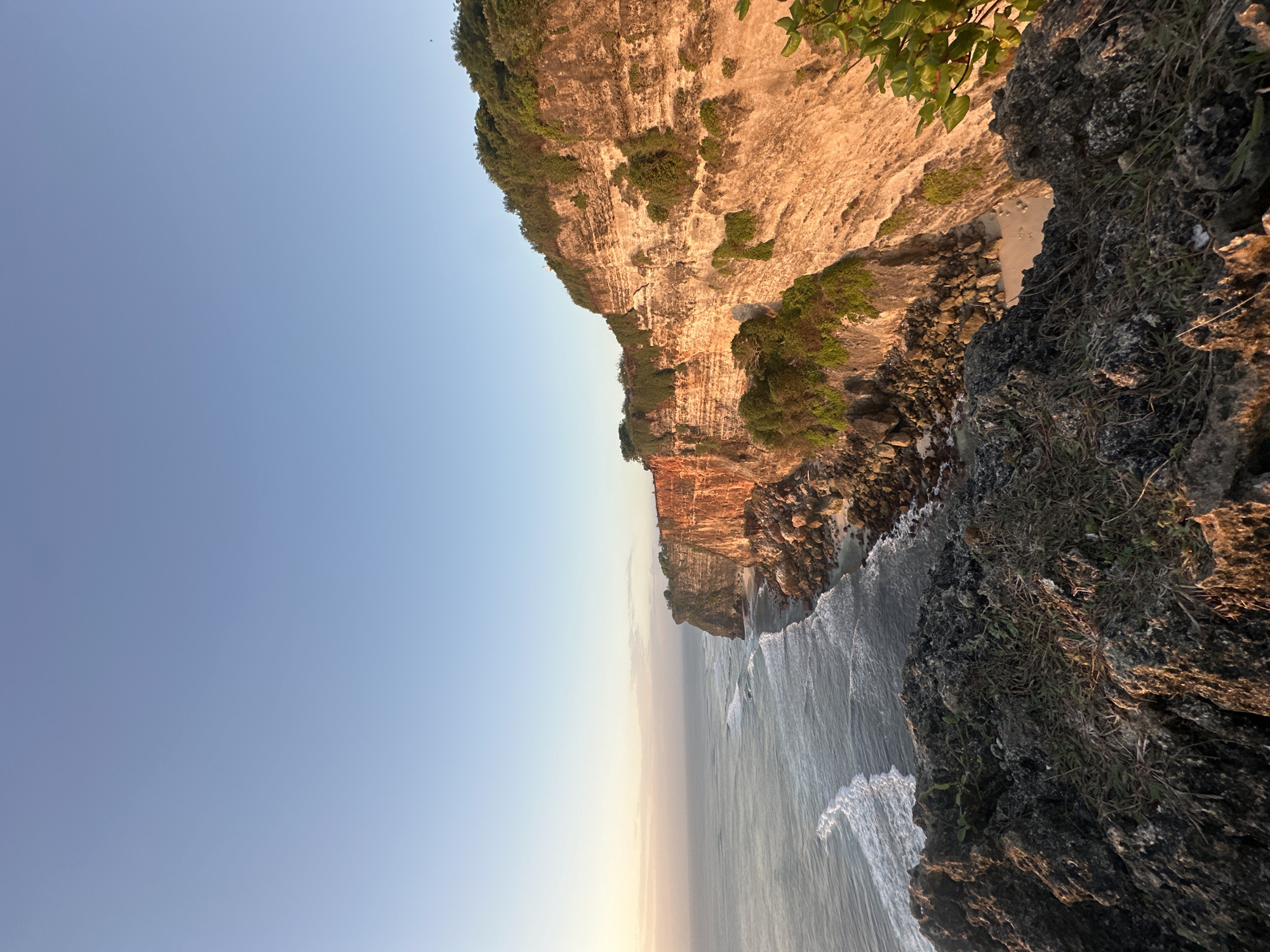 The image captures a scenic coastal view from a cliff edge in Kuta Selatan, Indonesia. The foreground is dominated by rough, dark rocks covered with dry grass and some sparse green vegetation. Beyond the rocks, a vast expanse of the ocean stretches out, with gentle waves creating white foam as they approach the shore. The ocean's surface is a deep blue-gray, reflecting the clear, pale blue sky.
A prominent cliff face forms the mid-ground and right side of the image. The cliff is layered with a warm, golden-orange hue, indicative of the setting or rising sun. The rock layers are visible, with patches of vibrant green vegetation clinging to its sides and along its summit. The top of the cliff is covered in lush green foliage. The base of the cliff is rocky, with some sandy areas visible.
The sky is clear and fades from a soft yellow near the horizon to a pale blue overhead. The overall scene conveys a sense of natural beauty and tranquility, bathed in the soft light of dawn or dusk. There are no people or man-made structures clearly visible in the image, emphasizing the natural landscape. The perspective is from a high vantage point, looking out over the ocean and along the cliff face.