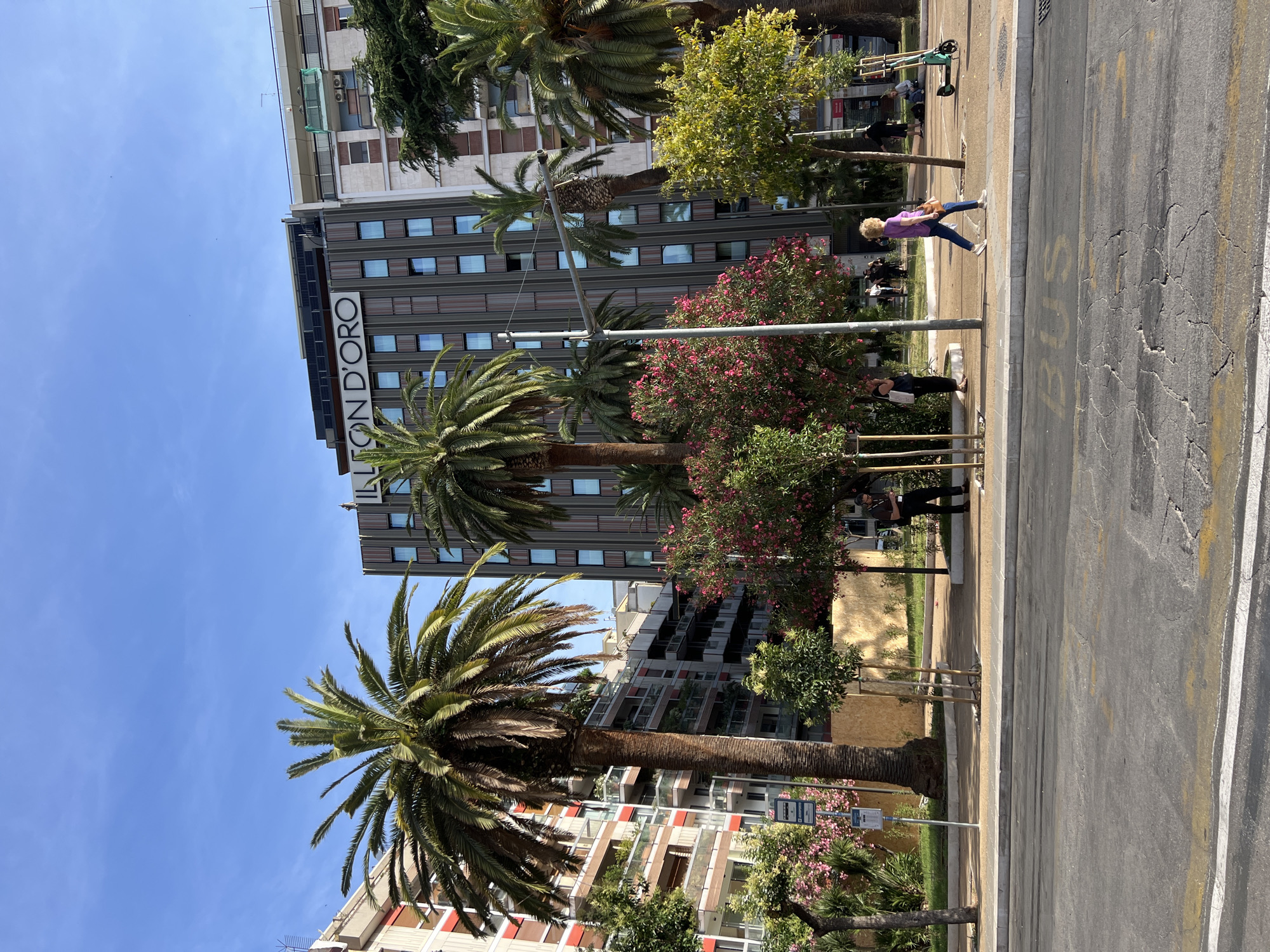 The image depicts a street scene in Bari, Italy, featuring the "LEON D'ORO" hotel. Several palm trees are present, with one large palm in the foreground. The hotel, a modern building with a dark facade and numerous windows, dominates the background. Adjacent to the hotel are apartment buildings with balconies. In front of the hotel, there is a public area with landscaping, including flowering bushes and smaller trees. People are visible walking on the sidewalk, and an electric scooter is parked on the right side of the sidewalk. The street in the foreground shows a marked bus lane. The sky is clear and blue.