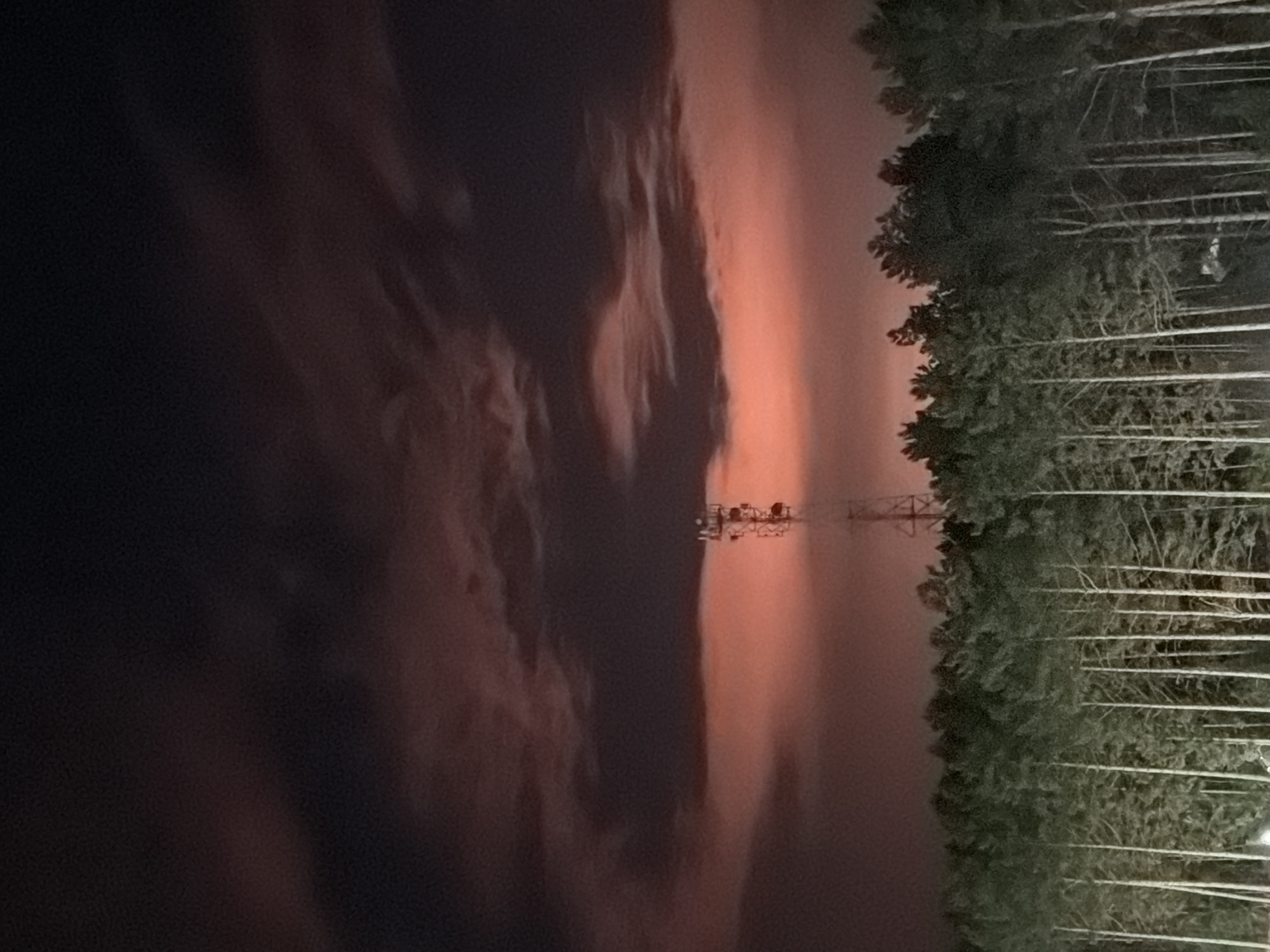 A cellular tower stands tall amidst a dense forest of evergreen trees. The sky above is a dramatic canvas of deep purple and fiery orange clouds, suggesting a sunset or twilight. The tower itself is a lattice structure, illuminated by artificial lights, with visible antennas and equipment at its apex. The trees are densely packed, with their dark green foliage contrasting against the lighter sky. The overall scene evokes a sense of isolation and the presence of modern infrastructure within a natural landscape, likely on the outskirts of Tsiolkovsky, Russia, a city known for its cosmodrome.