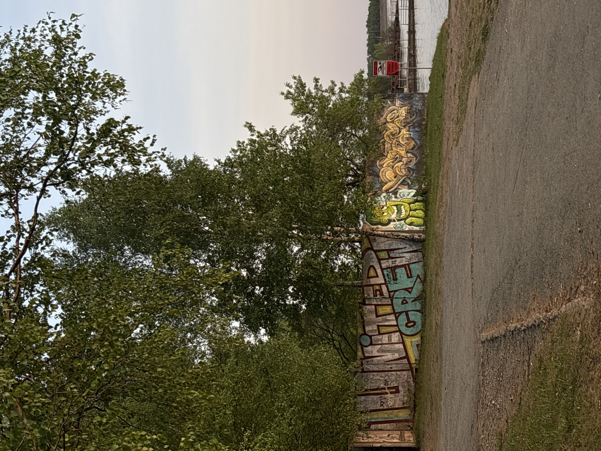 The image shows a graffiti-covered concrete structure next to a path, with trees growing around it. The graffiti includes various styles and colors, with one section featuring a large, stylized word. A red sign is visible above the graffiti. The path is concrete and has grass growing along its edge. In the background, a body of water is visible with some industrial structures along the shore. The location is Perm, Russia.
