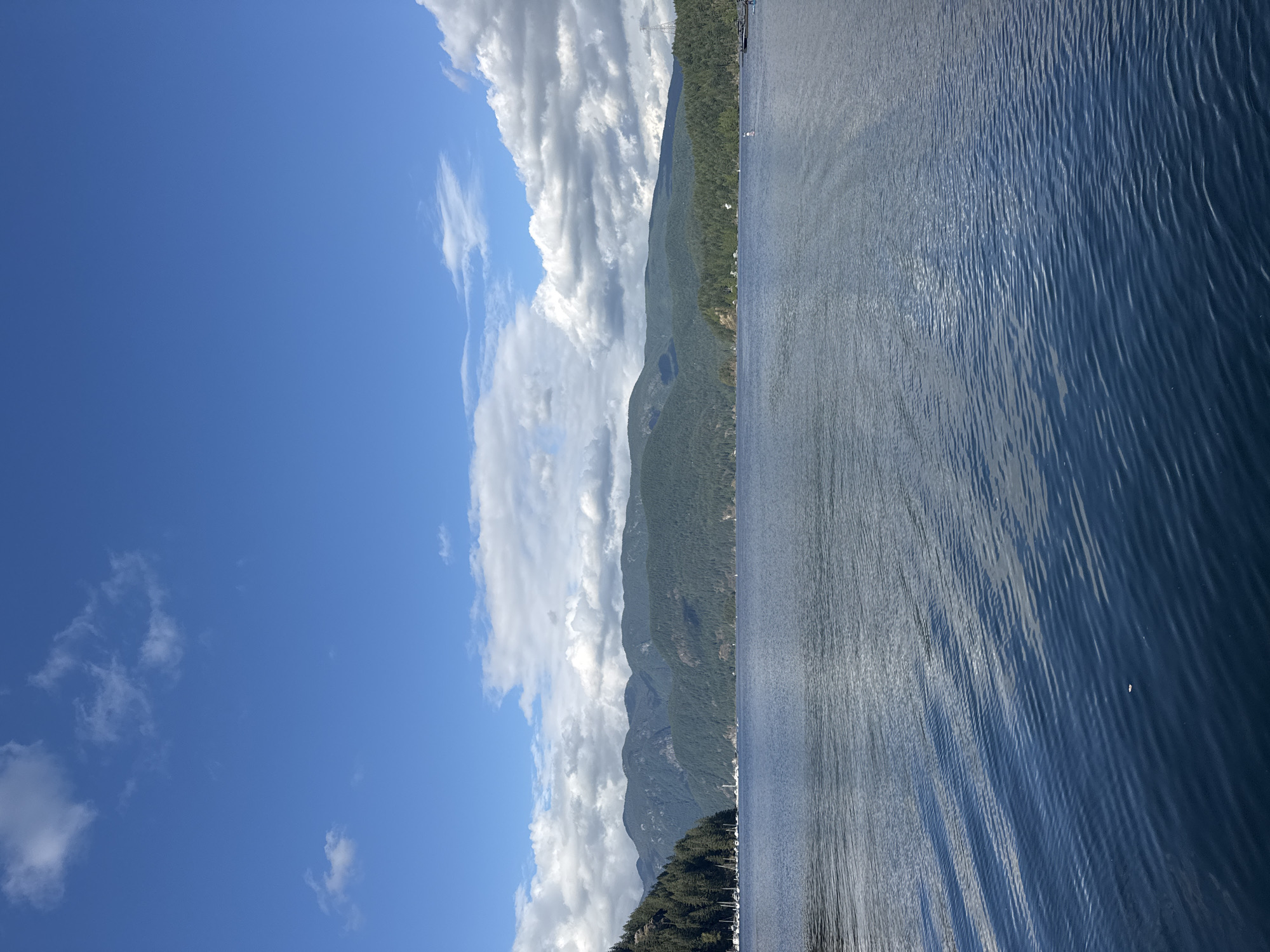 This is a wide-angle, eye-level photograph of a calm, blue body of water, likely a bay or inlet, under a bright, partly cloudy sky. The water's surface has gentle ripples reflecting the sky and sunlight. In the distance, a range of tree-covered mountains forms the horizon, with darker green forests dominating the slopes. To the left, a densely forested hillside slopes down to the water, where a collection of sailboats are moored. Several other small boats and buoys are scattered across the water. On the right side of the image, a distant shore is visible with scattered buildings and more forested hills. The sky is a vibrant blue, dotted with fluffy white cumulus clouds that cast shadows on the mountains. The overall scene depicts a serene, natural landscape, possibly a harbor or mooring area within the District of North Vancouver, Canada.