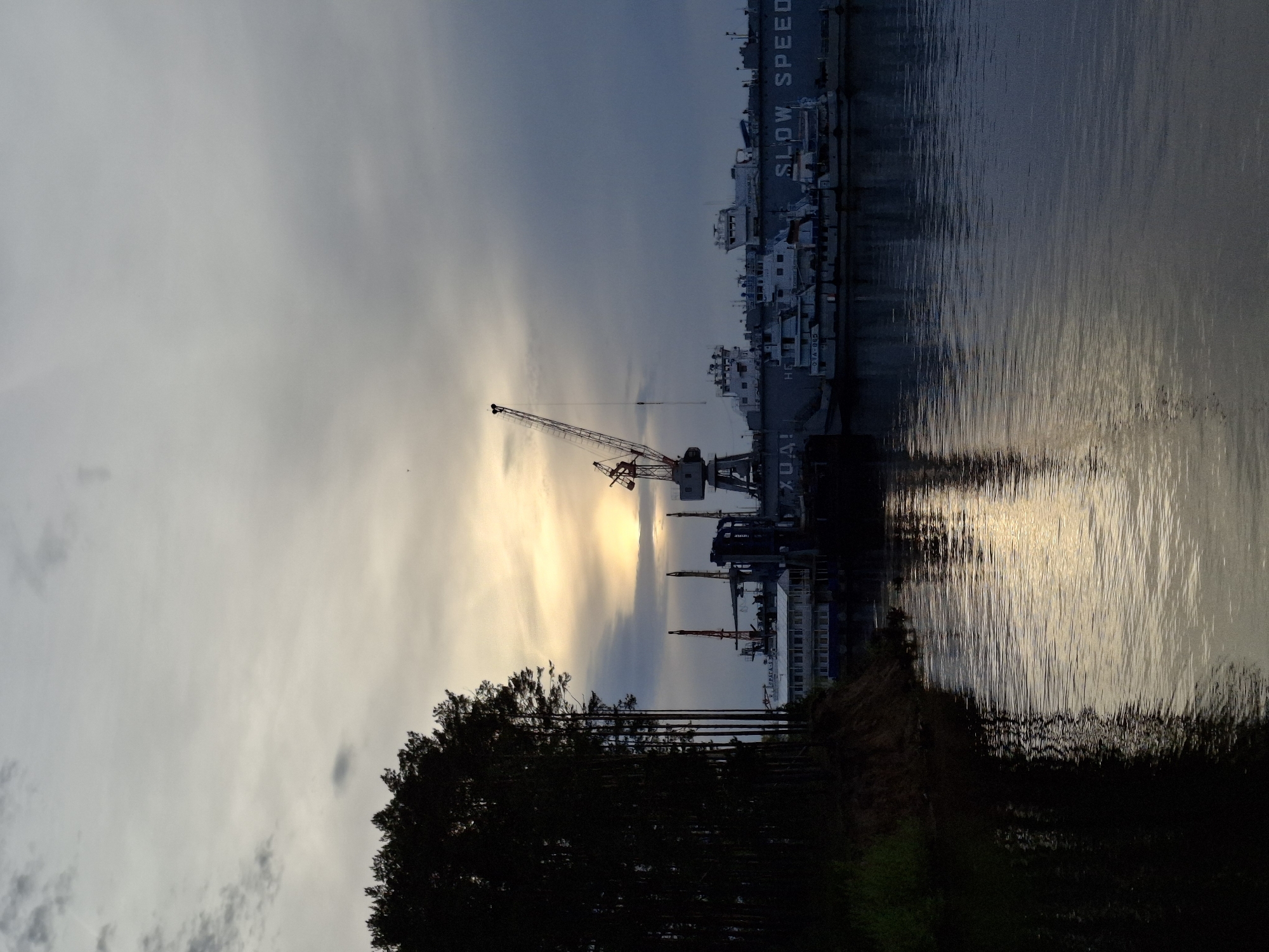 The image depicts a port area along the Kama River in Chaikovsky, Russia, at dusk. In the foreground, silhouetted trees and a grassy bank are visible. Cranes are situated in the middle ground, with the setting sun appearing behind them. A large cargo ship with the inscription "SLOW SPEED" is docked in the port, its reflection visible in the water. The sky is overcast with grey clouds.