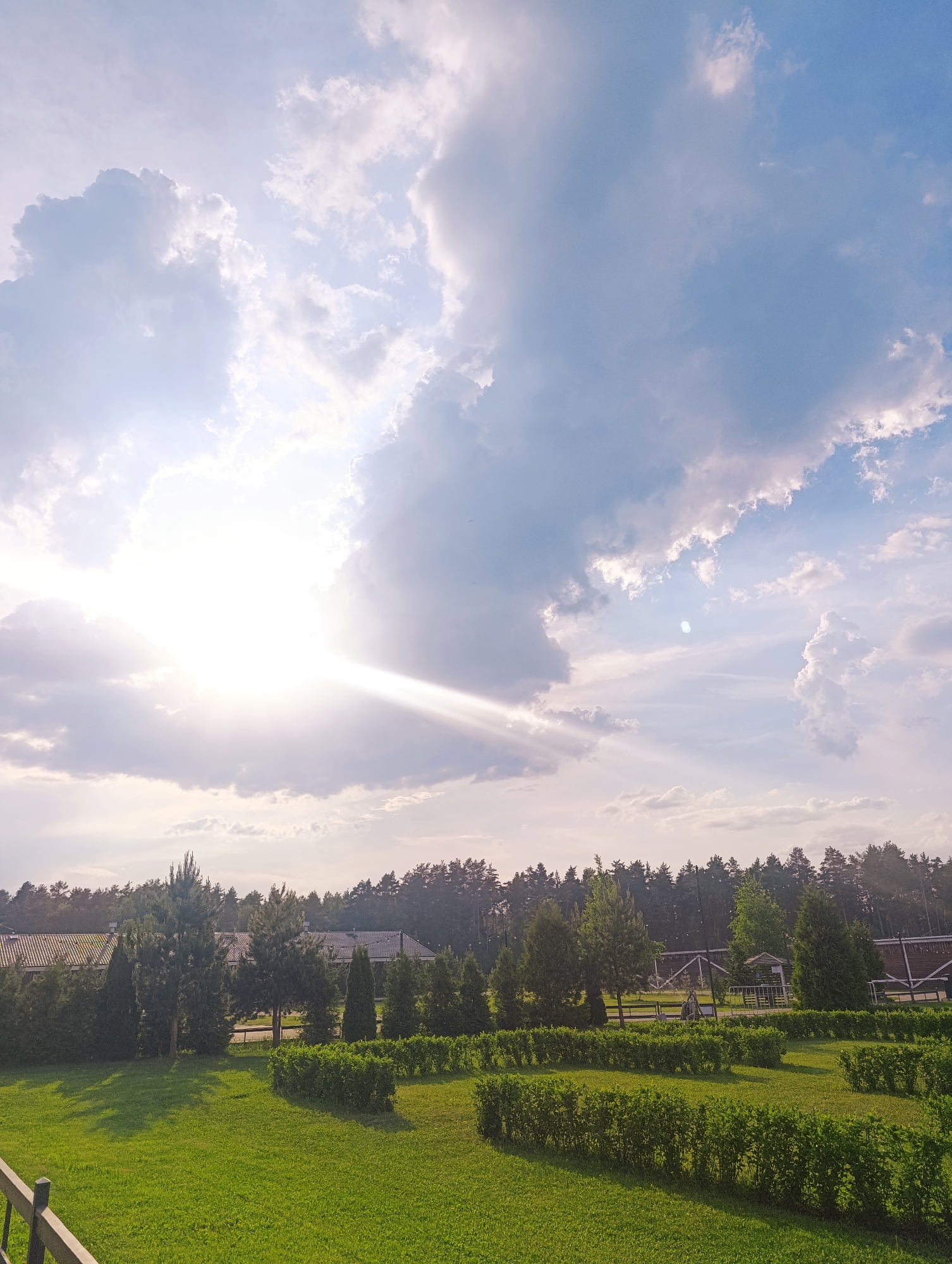 The image depicts a landscape in Ivanovskoe, Russia, under a partly cloudy sky with bright sunlight. In the foreground, a well-maintained green lawn is bordered by neatly trimmed hedges. Beyond the hedges, there are several evergreen trees of varying sizes, interspersed with deciduous trees. In the background, a building with a dark tiled roof is partially visible behind a dense line of trees. In the distance, a forest merges with the horizon. The sky dominates the upper portion of the frame, filled with white and gray clouds, and the sun is shining through the clouds, casting a bright beam of light downward. A fence is partially visible in the bottom left corner.