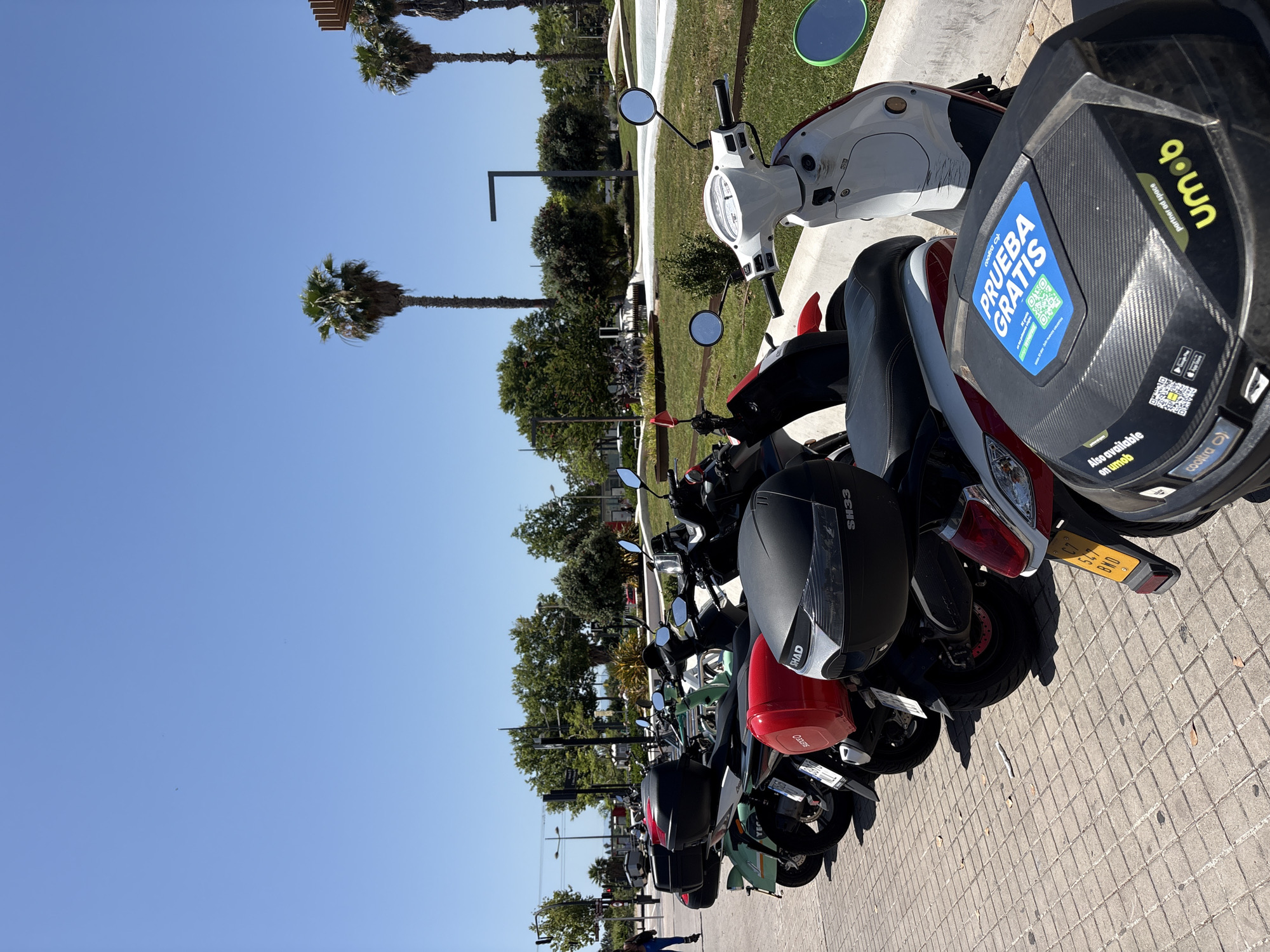 The image shows a row of parked electric scooters, likely part of a shared mobility service, on a paved walkway in a city. The scooters are of various colors, including green, red, white, and black. Some of the scooters have storage boxes on the back. One scooter in the foreground has a sticker that says "PRUEBA GRATIS" which translates to "FREE TRIAL". In the background, there are palm trees, green grass, and modern-looking structures, suggesting a contemporary urban park or public space. The sky is clear and blue, indicating a sunny day. The overall scene depicts a modern urban environment where shared electric scooters are available for public use. The presence of palm trees and the clear blue sky suggests a Mediterranean climate, and considering the context provided, the location is likely Valencia, Spain. A person in blue pants is walking on a sidewalk in the far left of the image.