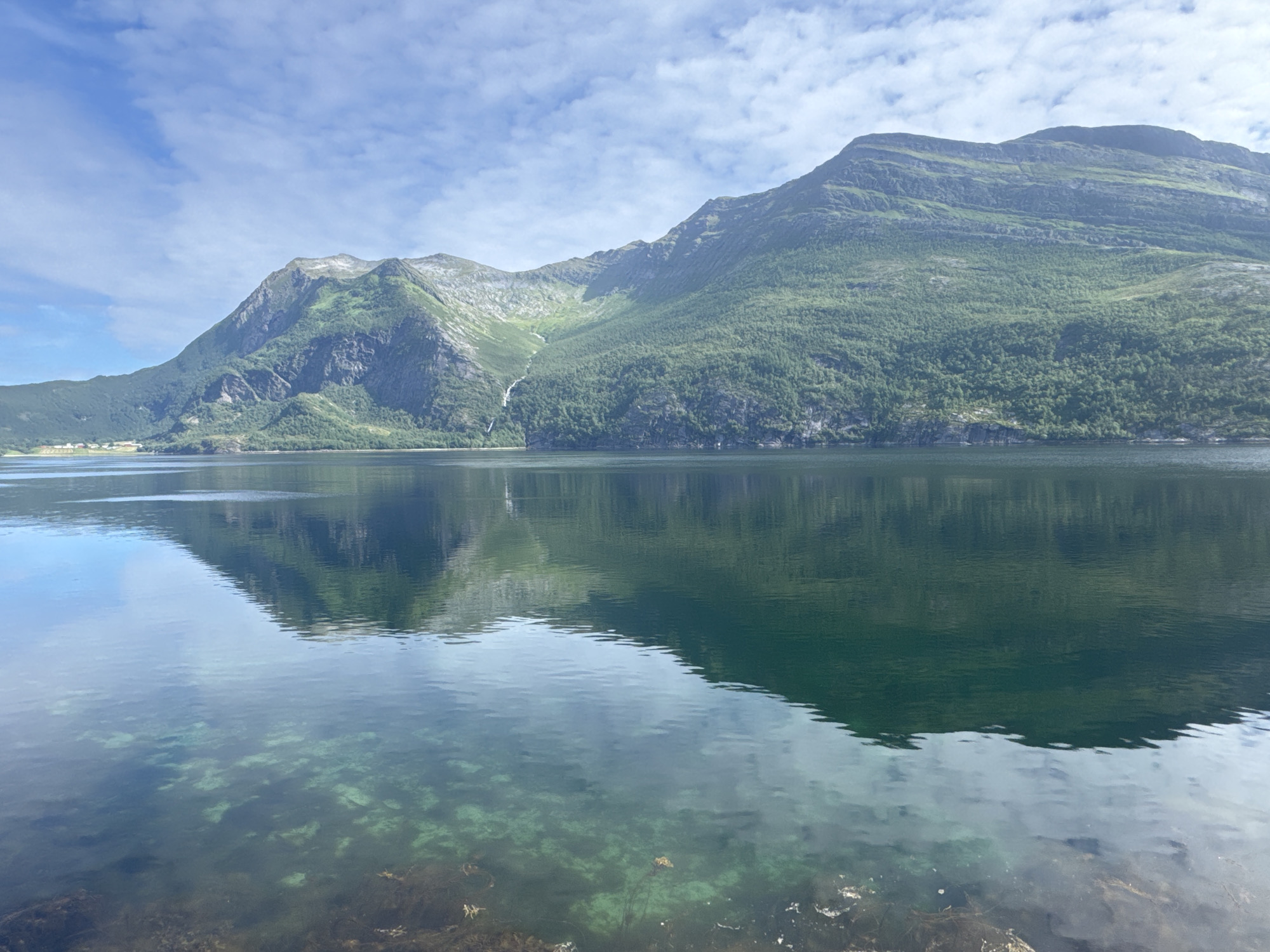A reflective, wide shot captures a serene Norwegian fjord landscape under a partially cloudy sky. The scene is dominated by a vast, calm body of water in the foreground, its surface mirroring the lush green mountains and blue sky above. The water is clear enough in the lower part of the frame to reveal the rocky, weedy bottom. Beyond the water, imposing, verdant mountains rise, their slopes densely covered in trees. A thin waterfall cascades down a rocky incline on the left side of the mountains. On the far left, at the base of the mountains and near the water's edge, a small cluster of buildings, likely houses, is visible, suggesting the presence of a settlement in the city of Inndyr, Norway. The overall impression is one of natural beauty and tranquility.