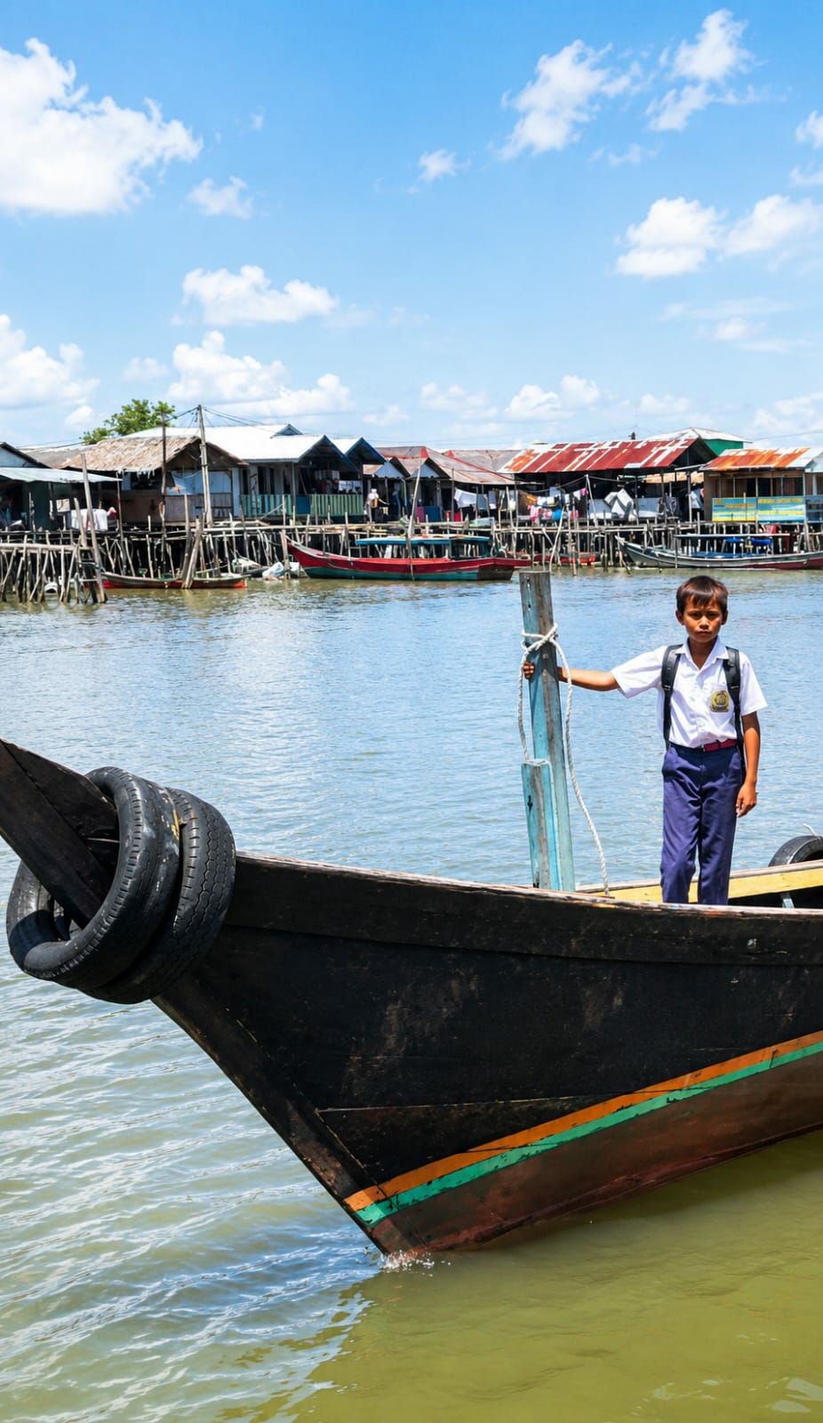 A young boy, wearing a white school shirt and dark blue pants, stands on the bow of a wooden boat. He has a black backpack on his shoulders and is holding onto a blue wooden post. The boat is in the foreground, with its dark hull visible, featuring colorful stripes of orange and green near the waterline. In the background, a village with stilted houses lines the water's edge under a blue sky with scattered clouds. Several other boats, including a red and green one, are moored in the water. The water is calm and reflects the sky. The overall scene depicts a typical day in a waterside community, possibly in the City of Medan, Indonesia, given its characteristic stilted architecture and proximity to water.