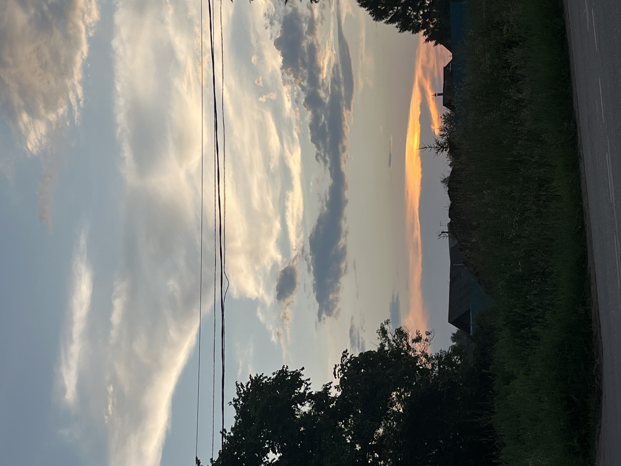 The image depicts a rural landscape in Ludorvay, Russia, at dusk. The sky is filled with wispy clouds tinged with the warm hues of sunset, ranging from pale yellow to soft orange and pink. A few darker, more defined clouds are scattered across the sky. Three power lines stretch horizontally across the upper portion of the frame, with silhouetted trees on the left and right edges of the image. In the middle ground, the dark shapes of houses with steeply pitched roofs are visible behind a dense patch of tall, green grass and foliage. A thin, straight tree stands prominently in front of one of the buildings. The foreground shows a strip of asphalt road with a faint white line.