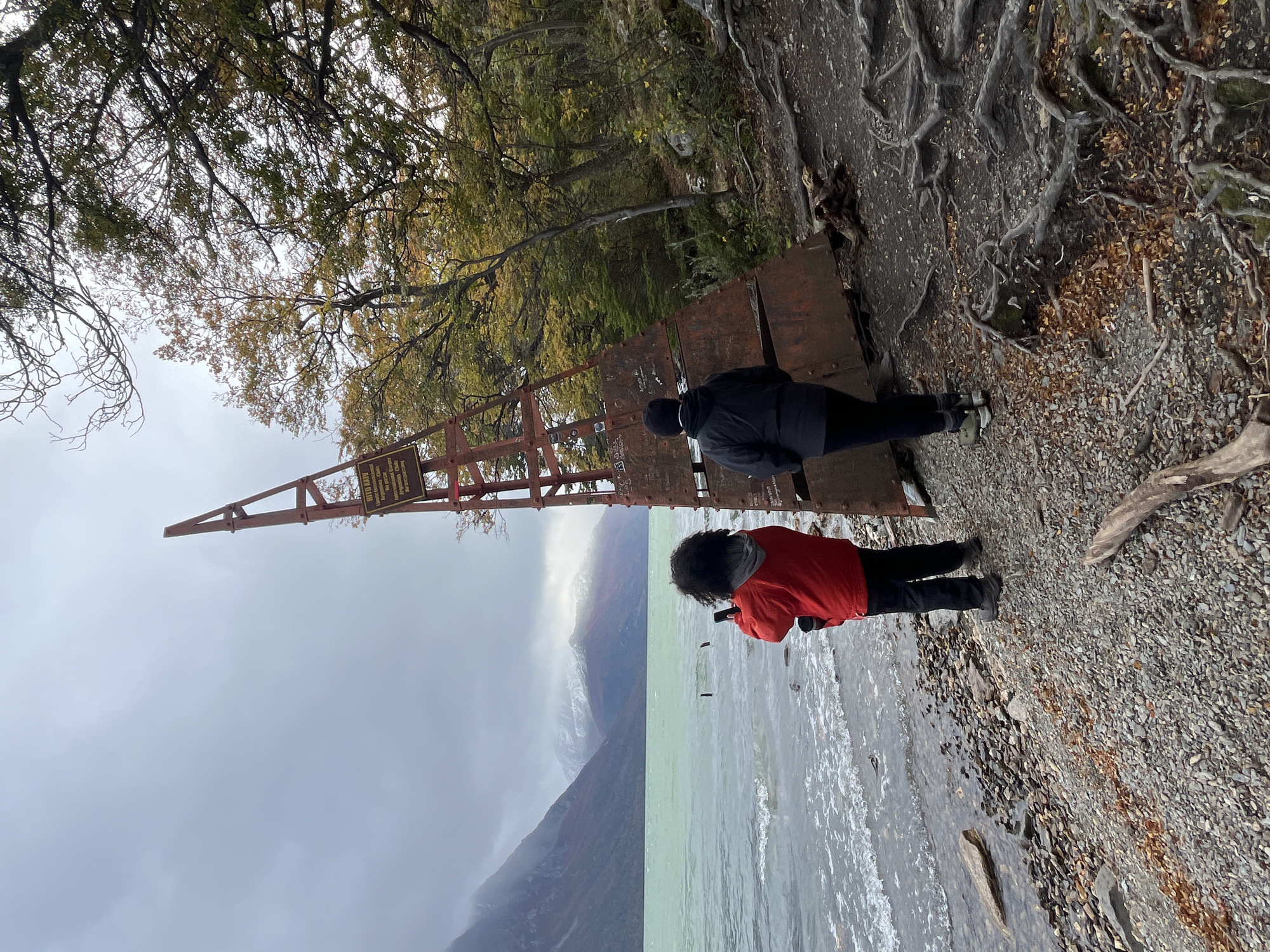 Two individuals stand on a metallic structure at the edge of a pebble beach beside a body of water. One person, clad in a red jacket, faces the water and appears to be holding a smartphone, possibly taking a picture of the mountain landscape visible in the distance. The other person, wearing a black jacket and beanie, stands closer to the viewer. An A-frame structure with a sign is situated on the left. Trees and vegetation are seen in the background. The sky is overcast, and the water seems a pale green color. It seems this scene is near the coast of the city, Lapataia, Argentina.