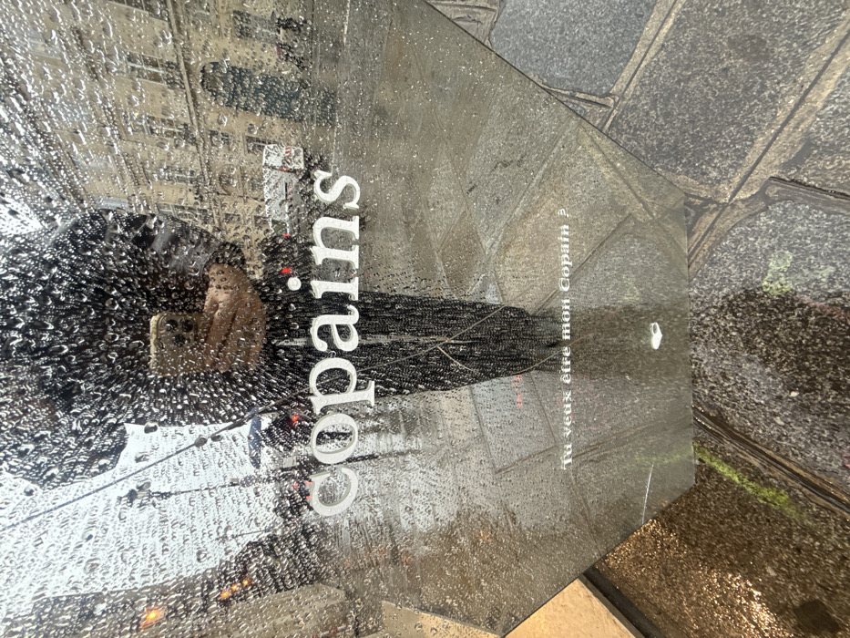 The image captures a dynamic and reflective scene through a wet, vertical glass or panel surface. The entire surface is densely covered with water droplets, creating a highly textured and distorting effect on both reflections and the background view.
On the left side of the image (when oriented correctly), a clear reflection of a person is visible. This person is holding a smartphone horizontally with their right hand, appearing to be taking a photograph or video. The smartphone is light-colored and features a distinct multi-lens camera array on its back. The person's hand, part of their arm, and a portion of their dark, possibly textured clothing are discernible, though their face is obscured by the angle and water droplets.
Prominently displayed on the reflective surface is white, sans-serif text. The large word "Copains" (French for "Friends" or "Buddies") is oriented vertically, running downwards. Below it, in smaller white text, is the question "Tu veux être mon Copain ?" (French for "Do you want to be my Boyfriend/Friend?"). This text is also oriented vertically.
Beyond the wet, reflective panel, a blurry urban background is visible, particularly on the right side of the image. This background consists of building facades with windows in the upper part and a wet, paved street or sidewalk below. The paving appears to be made of grey cobblestones or irregular flagstones, indicating a city environment. The ground itself, which is also wet, extends into the bottom right corner where the reflective panel meets the pavement. The presence of numerous water droplets on the glass and the wetness of the street strongly suggest that it is raining or has recently rained. Faint blurs of red light, possibly from vehicles or traffic signals, can be seen through the misty, water-streaked surface in the background.
The overall color scheme is predominantly grey, black, and white, with the wet surfaces adding depth and varying tones. The lighting appears diffused, consistent with an overcast and rainy daytime scene.