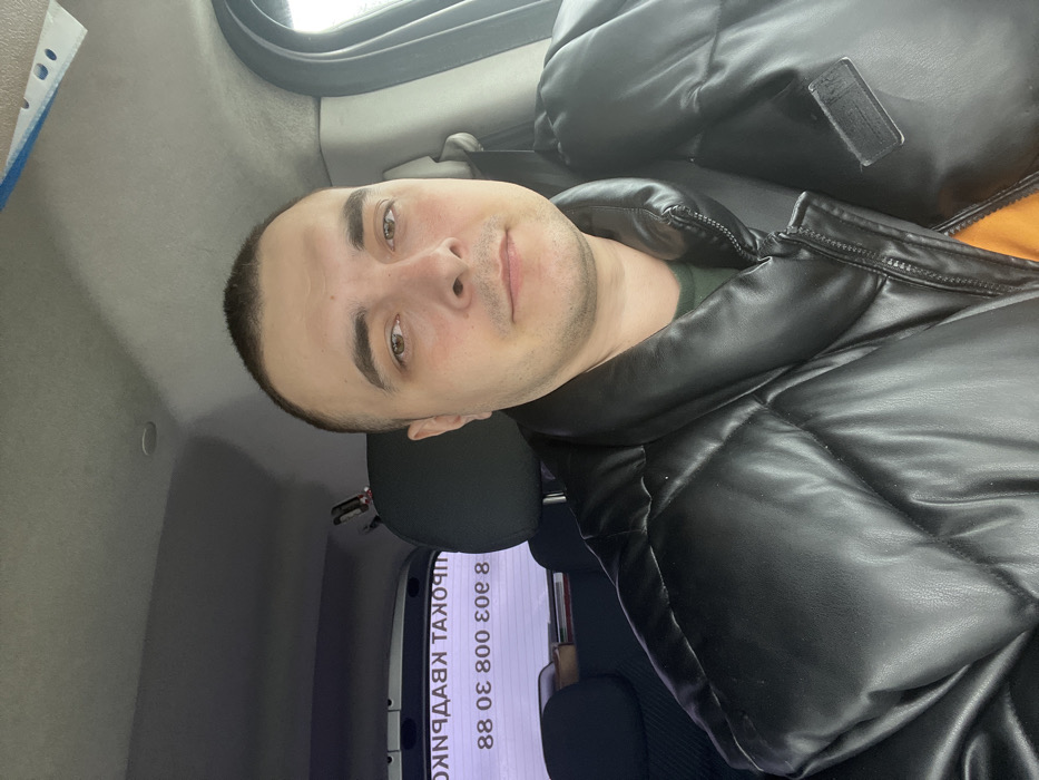 A male individual is positioned in the foreground of a vehicle interior in Rogachovo, Russia. He has short dark hair, light brown eyes, and a fair complexion, looking directly at the viewer with a neutral expression. He is wearing a black quilted puffer jacket over a dark green shirt, with a dark seatbelt visible across his right shoulder and chest. The vehicle's interior features a light gray headliner and a headrest behind the subject. Through the rear window, reversed Cyrillic text advertising "ПРОКАТ КВАРТИР" (Apartment Rental) and a contact number, "8 803 308 88", are clearly visible. The exterior environment, partially visible through the vehicle's right side window, is blurred and indistinct. The individual is stationary, appearing to be the sole occupant depicted.