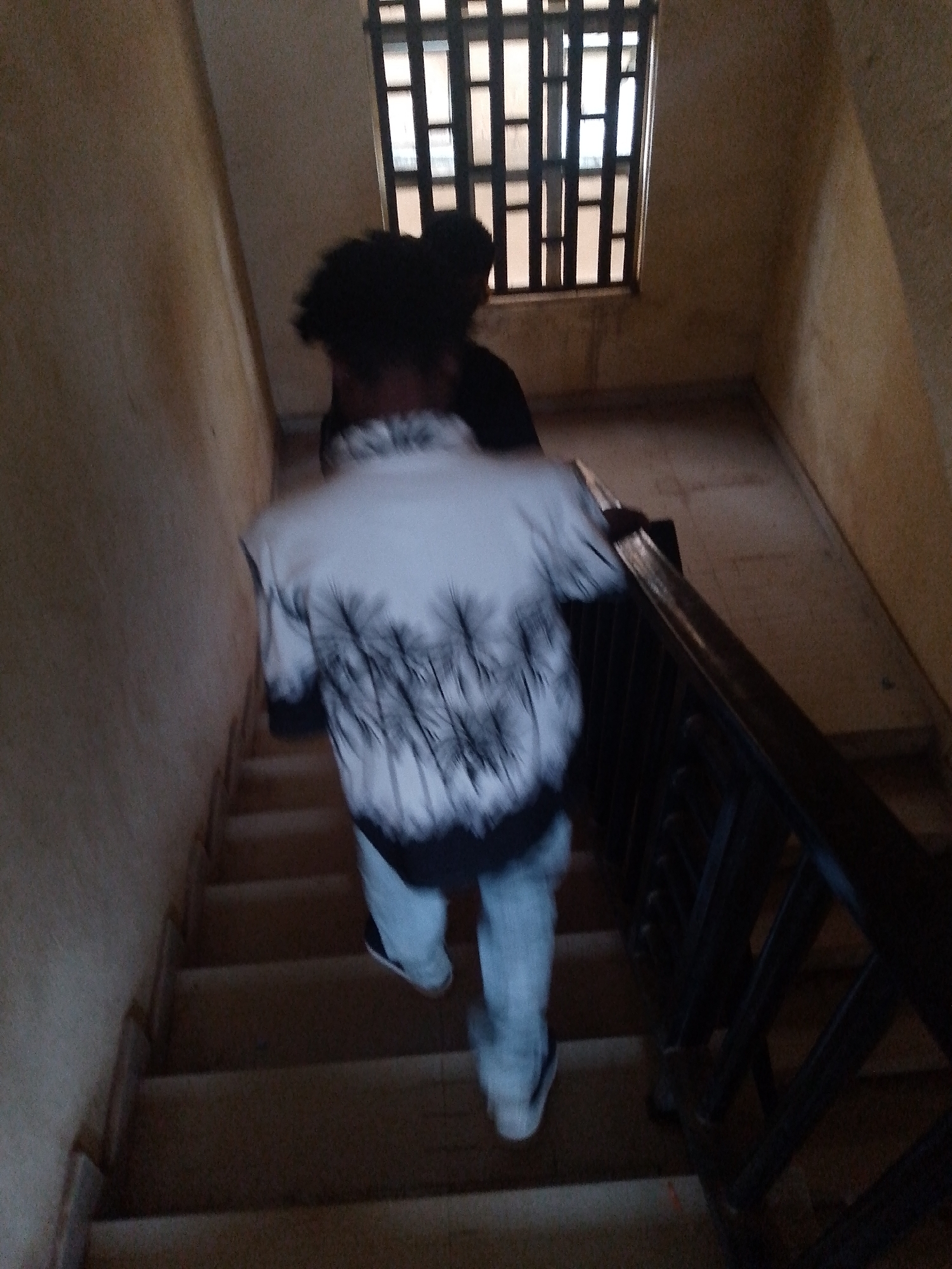 The media file shows two people walking down a dimly lit staircase. The person in the foreground is wearing a white shirt with a black palm tree print and light blue jeans. Their back is to the camera, and they are captured in motion, creating a blur effect. The second person is mostly obscured behind the first, with only their dark hair and a hint of their back visible.
The staircase is narrow and appears to be made of concrete or stone. A dark wooden banister runs along the right side of the stairs. The walls of the staircase are a light, neutral color, possibly beige or a pale yellow, and appear worn. At the top of the stairs, a window with a barred grate is visible, suggesting an indoor setting like a building, perhaps an older one, or even a correctional facility due to the barred window.
The lighting is low, with the main light source appearing to be the window at the top of the stairs, casting some illumination and creating shadows. The overall atmosphere is somewhat somber and quiet, with no clear indication of the time of day or weather. The motion blur suggests an attempt to capture movement, possibly in a candid moment. There is no visible text in the image.