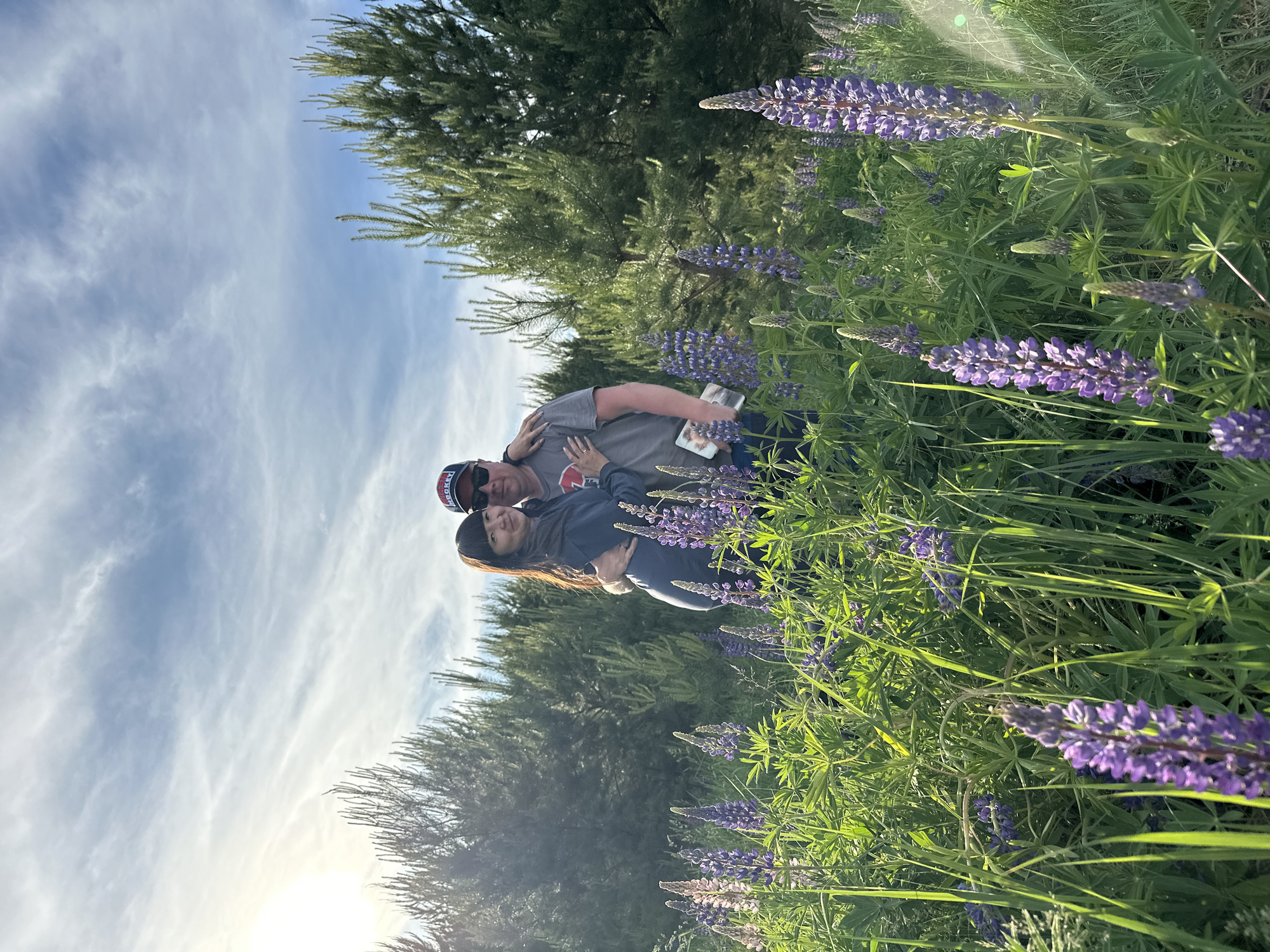 A couple poses for a photo in a field of purple lupine flowers, with a forest visible in the background. The man, wearing a baseball cap and grey shirt, embraces the woman, who is wearing a dark jacket. The location is consistent with a rural area, and the presence of lupines indicates the photograph may have been taken in the summer. The time of day is likely late afternoon or early evening, based on the angle of the sunlight. There is no indication that this photo was taken specifically in Chaikovsky, Russia.