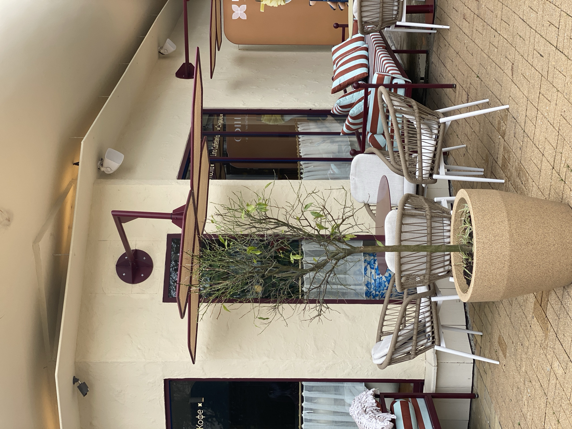 The image displays the unoccupied outdoor patio of Lino Caffetteria in Sochi, Russia. The establishment features a textured, light beige stucco building facade with dark-framed windows and a glass entrance. Russian text translating to "Coffee" is visible on a left windowpane, while "Lino Caffetteria" and "Sandwich" appear in mirrored text on the central glass entry, partially obscured by white sheer curtains with a blue and white floral pattern visible behind them. A black security camera is mounted high on the left wall, and multiple white outdoor speakers are attached to the underside of the light-colored, extended canopy. Red-brown metal frames extend from the building, supporting rectangular shade elements made of a light woven material. The patio ground is paved with light brown rectangular bricks.
In the foreground, a large, light brown textured pot contains a sparsely leaved tree with visible branches. Seating arrangements include a central round, light brown table surrounded by four woven rattan-style chairs featuring white cushions and white metal legs. To the left, a dark red-brown framed bench is equipped with red-brown and light blue striped cushions, and a white knitted throw blanket is draped over one end. Another matching striped bench is situated to the right. The scene is devoid of individuals.