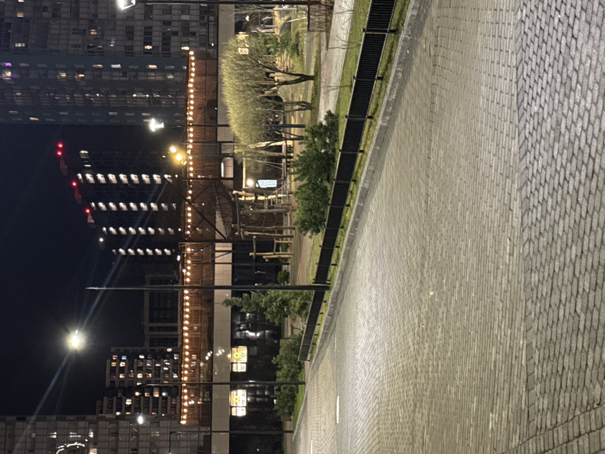 The image depicts an urban scene in Murino, Russia, at night. A paved walkway extends into the distance, bordered by a green strip of landscaping and a black metal fence. Adjacent to the walkway, a building features string lights. Beyond the building, multi-story apartment blocks with illuminated windows are visible against the dark sky. Streetlights illuminate the scene. There are no people visible in the shot.