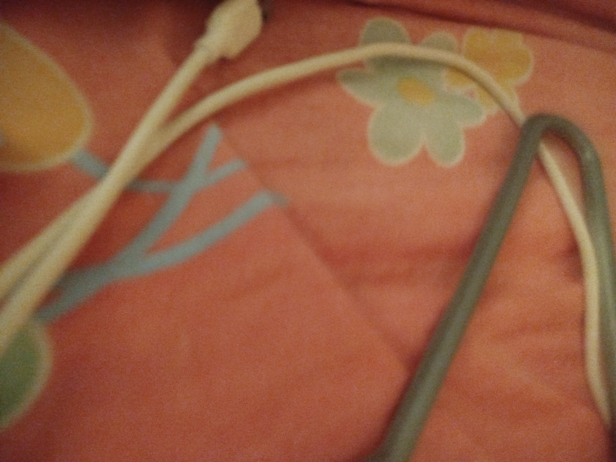 The image depicts a close-up view of a light-colored electrical cord resting on a surface with a floral pattern. The surface appears to be a fabric, possibly a blanket or upholstery, with a dominant orange hue and scattered light blue and yellow floral motifs. The cord is a thin, white, flexible cable, and another thicker, gray cable is also partially visible, intersecting the white cord. The lighting is soft, and the image is slightly out of focus, giving it a grainy texture. The scene is indoors, and no specific geographical location within Lassan, Pakistan can be identified from the visual information provided.