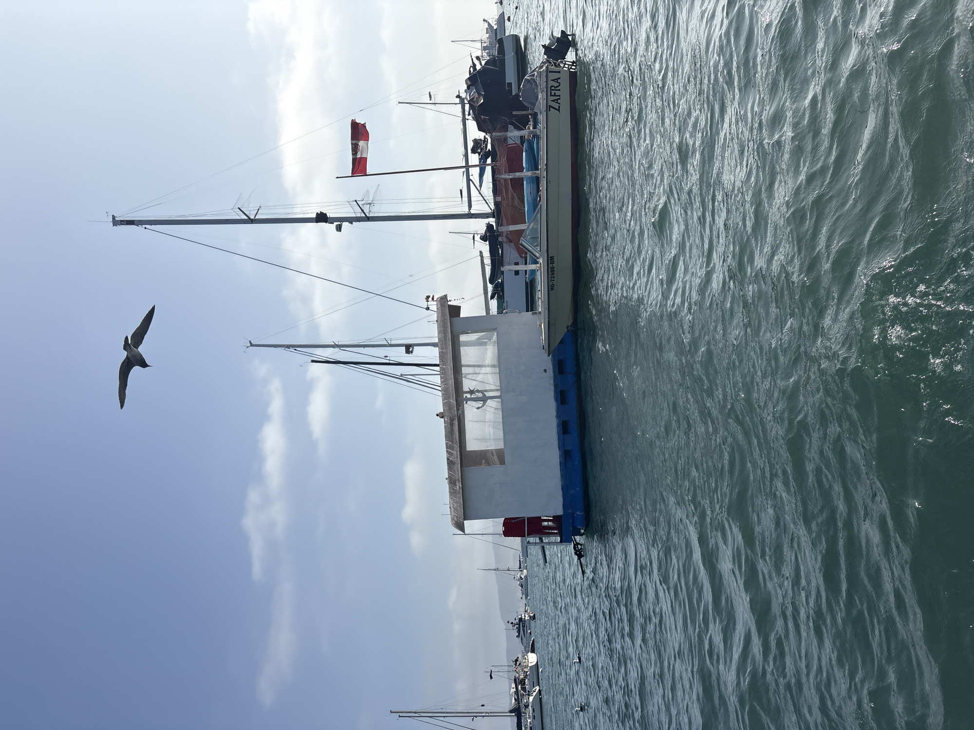 The image depicts a boat named "ZAFRA I" with a Peruvian flag, docked at La Punta, Peru. The sky is partly cloudy, and a bird is flying in the foreground. The water is choppy, and other boats are visible in the background.
