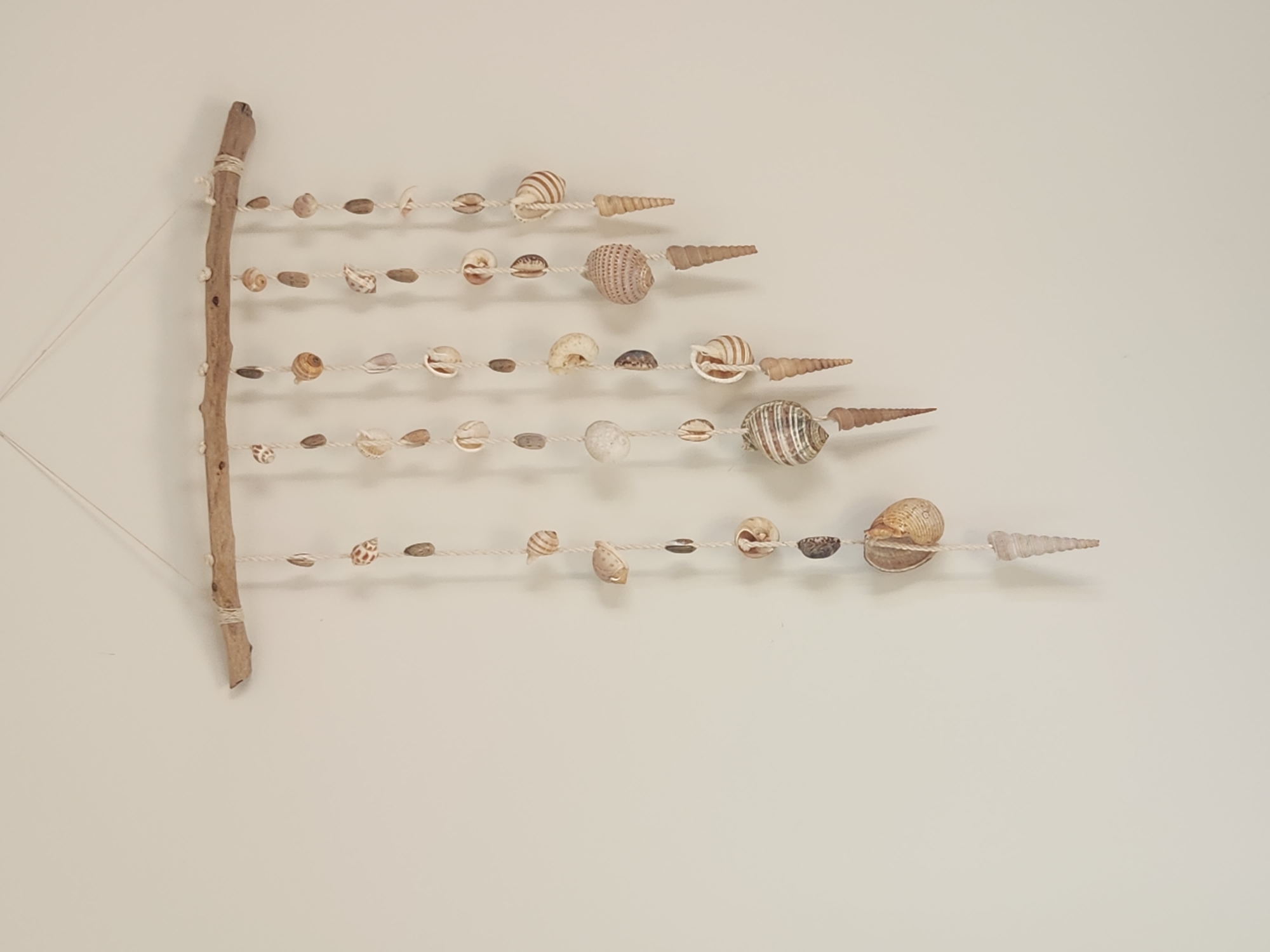 The image shows a homemade seashell mobile hanging on a light-colored wall. The mobile is made of a weathered piece of driftwood from which several strings of shells and small stones hang. The shells vary in size, shape, and color, with some appearing to be spiral-shaped, while others are flatter and more rounded. The mobile is suspended from the wall by a thin white string. The background is a plain, neutral wall, suggesting an indoor setting. There is no indication of the specific location in Đà Nẵng, Vietnam, as the image focuses solely on the object and its immediate surroundings.